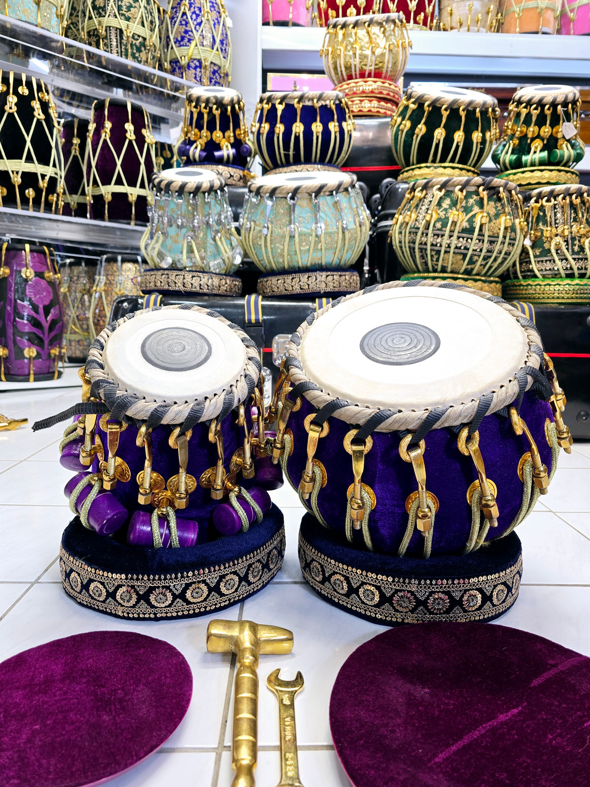 Royal Velvet Tabla Set – 5.75" Red Sheesham Dayan (D/D#) & 9.25" Copper Bayan Wrapped in Purple Velvet
