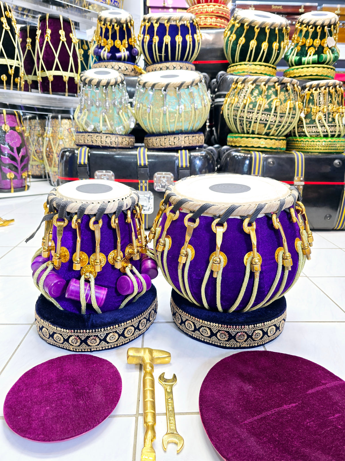 Royal Velvet Tabla Set – 5.75" Red Sheesham Dayan (D/D#) & 9.25" Copper Bayan Wrapped in Purple Velvet