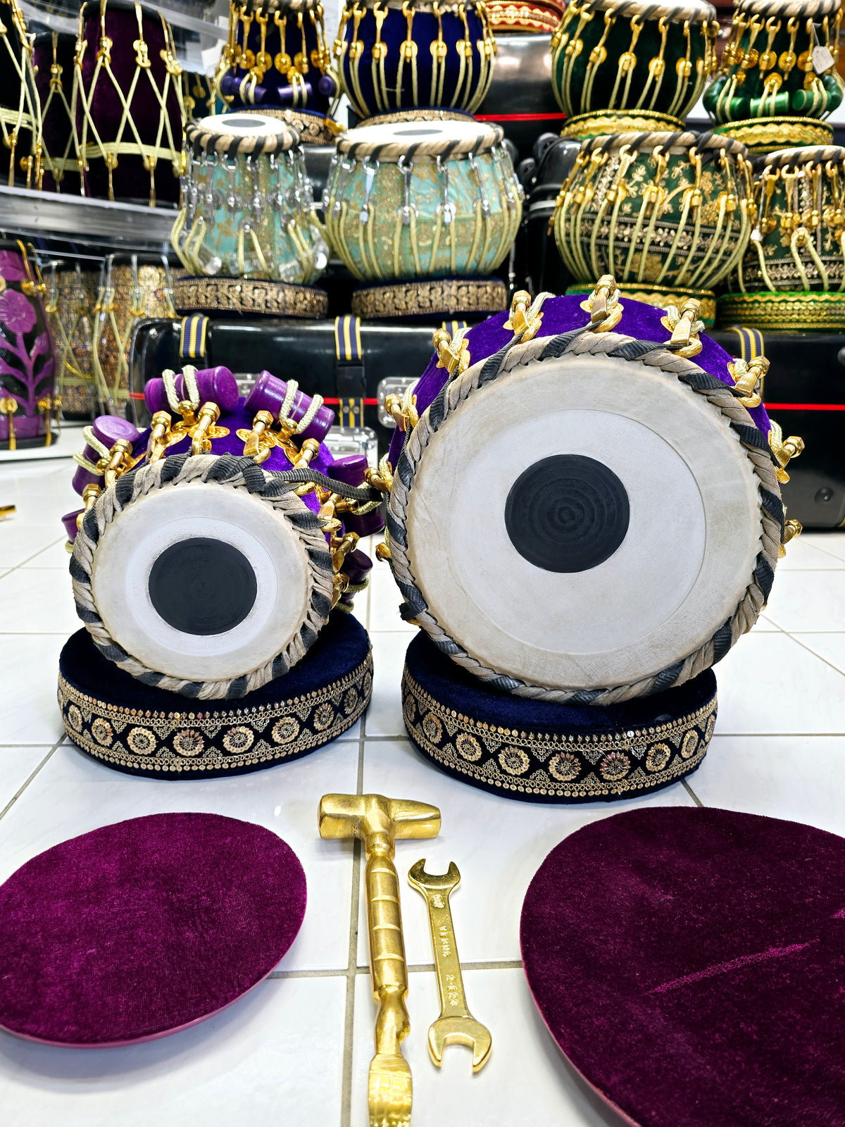 Royal Velvet Tabla Set – 5.75" Red Sheesham Dayan (D/D#) & 9.25" Copper Bayan Wrapped in Purple Velvet