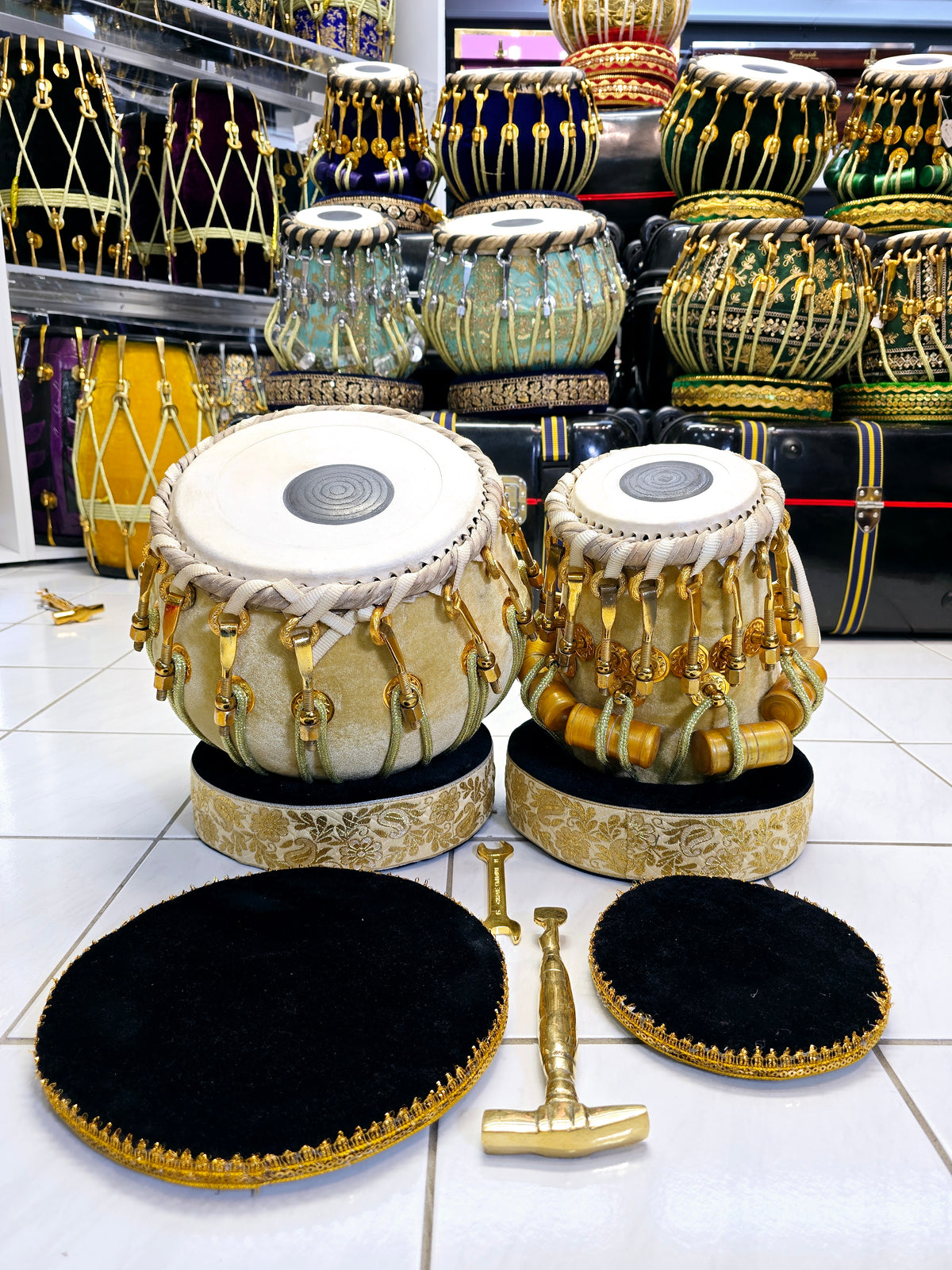 Golden Resonance Velvet Tabla Set – Red Sheesham Dayan & Copper Bayan with Pure Brass Bolts *Very Slight Ringing Sound* *Rings & Covers Replaced with Golden Velvet Coloured Ones (See Final Picture)*