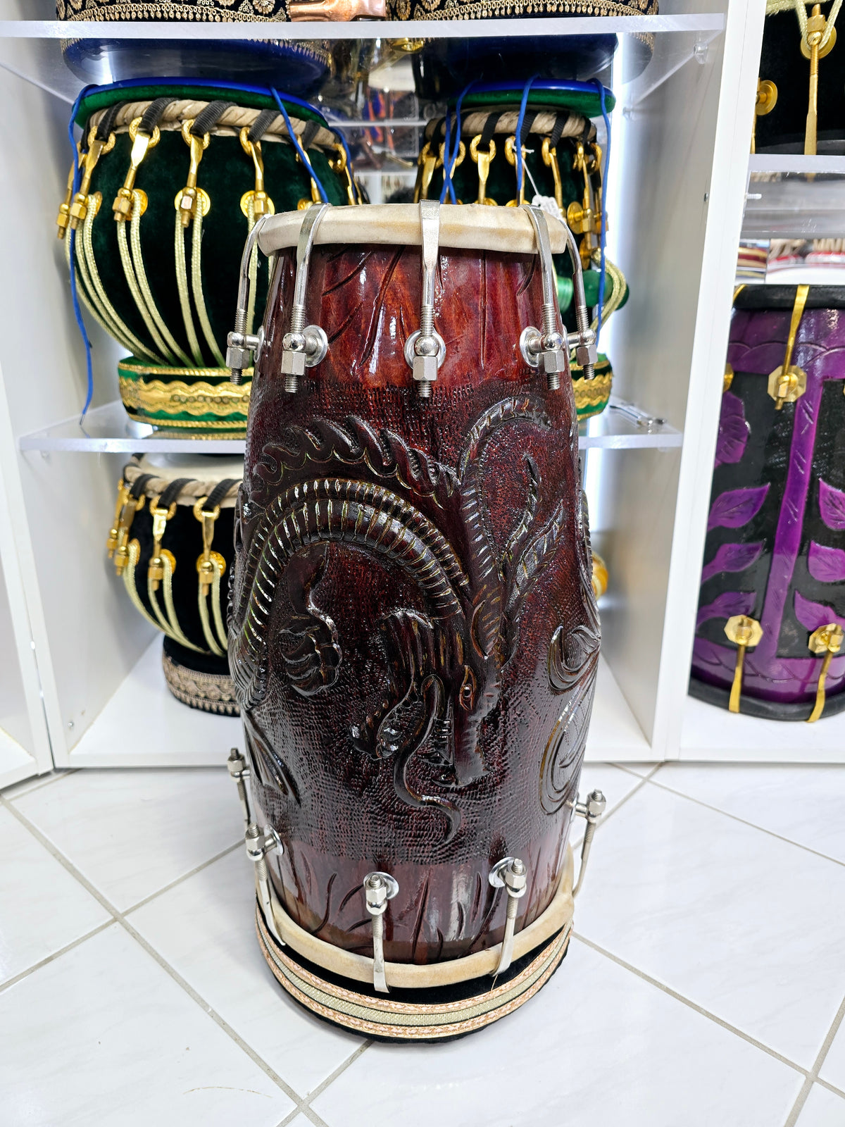 Emerald Dragon Dholak: - Sangeet Store Exclusive by Chetram Gill, Red Sheesham with Green Accents