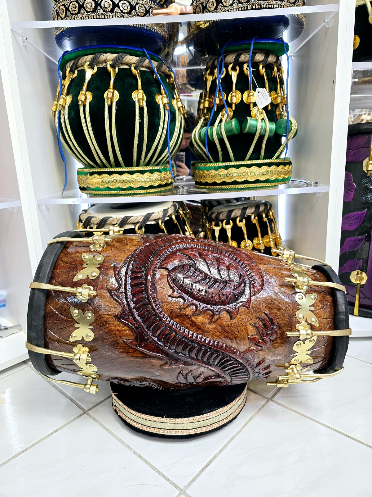 Fireborn Dragon Dholak: - Sangeet Store Exclusive by Chetram Gill, Red Sheesham & Gold Accents