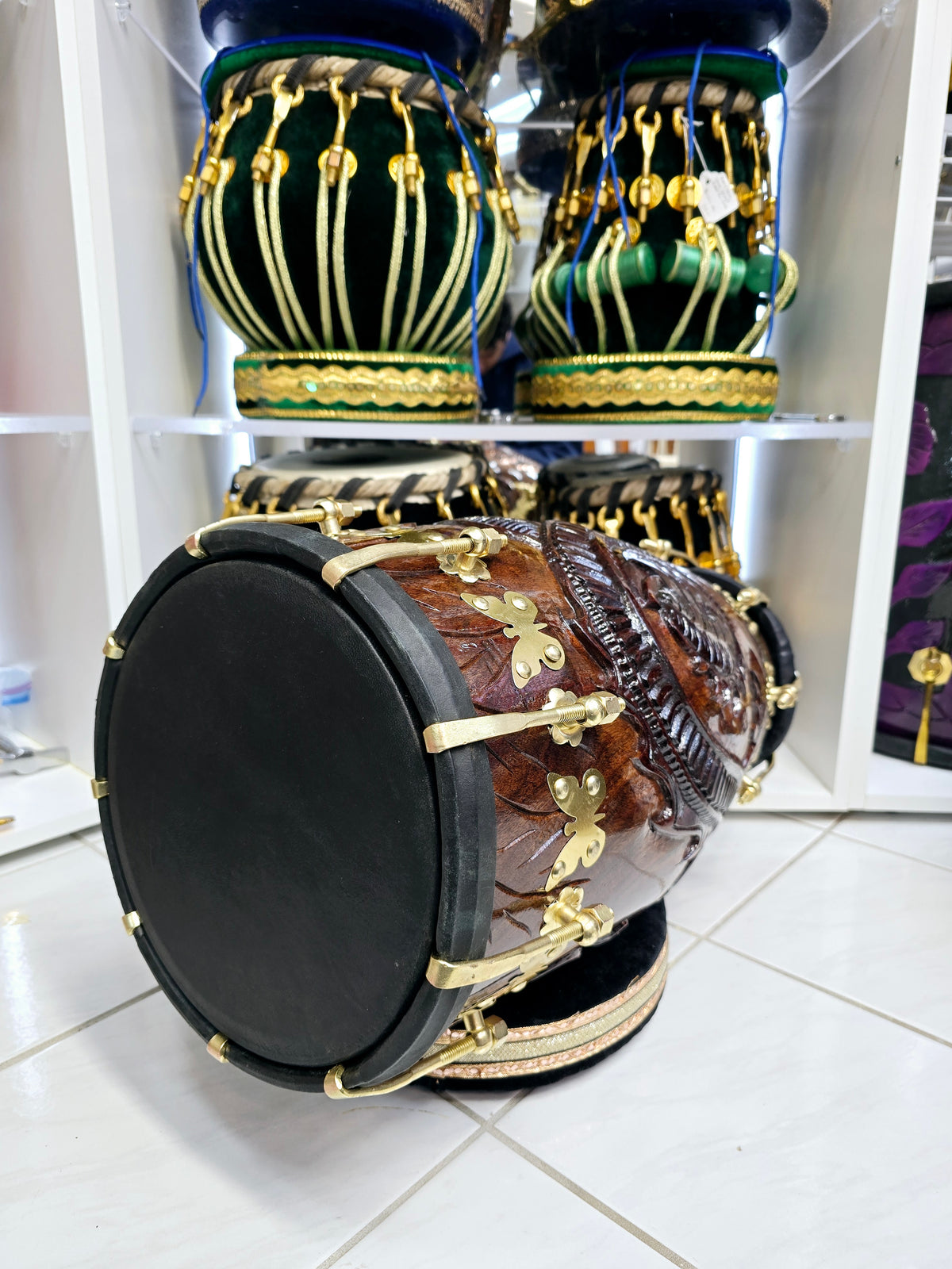 Fireborn Dragon Dholak: - Sangeet Store Exclusive by Chetram Gill, Red Sheesham & Gold Accents