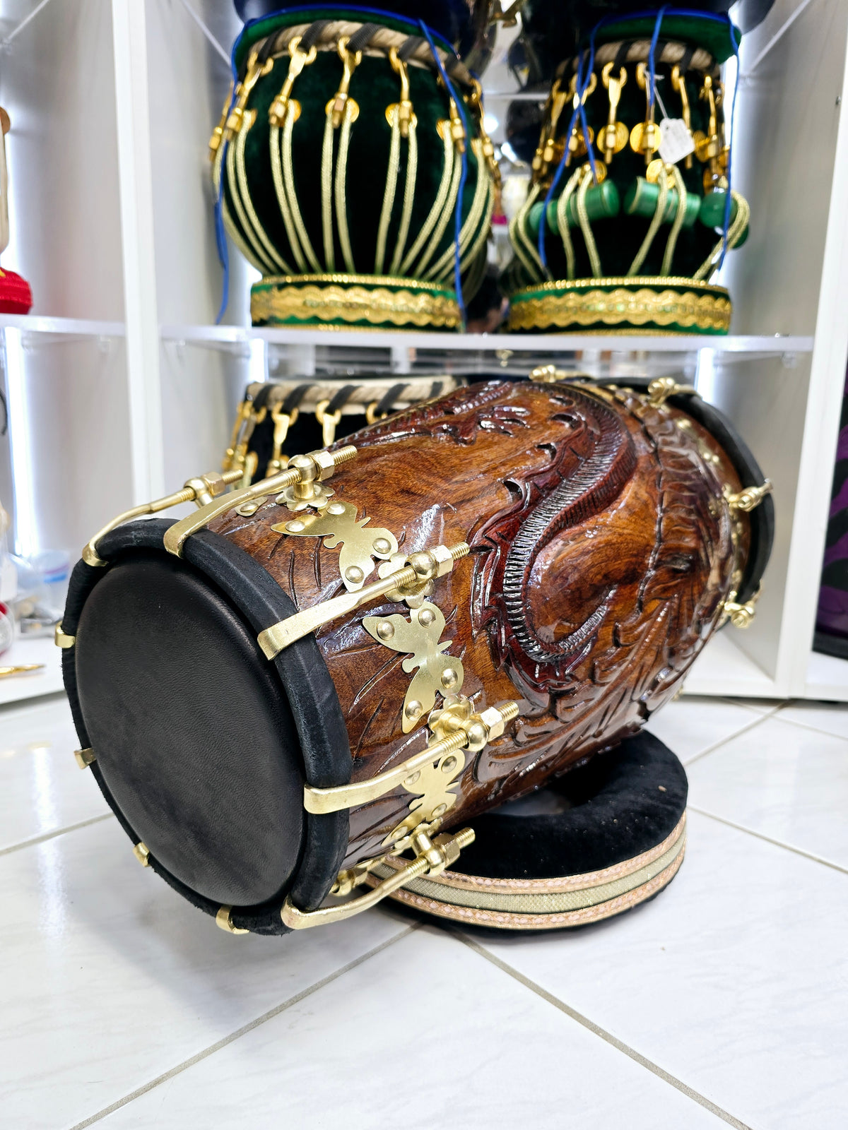 Fireborn Dragon Dholak: - Sangeet Store Exclusive by Chetram Gill, Red Sheesham & Gold Accents