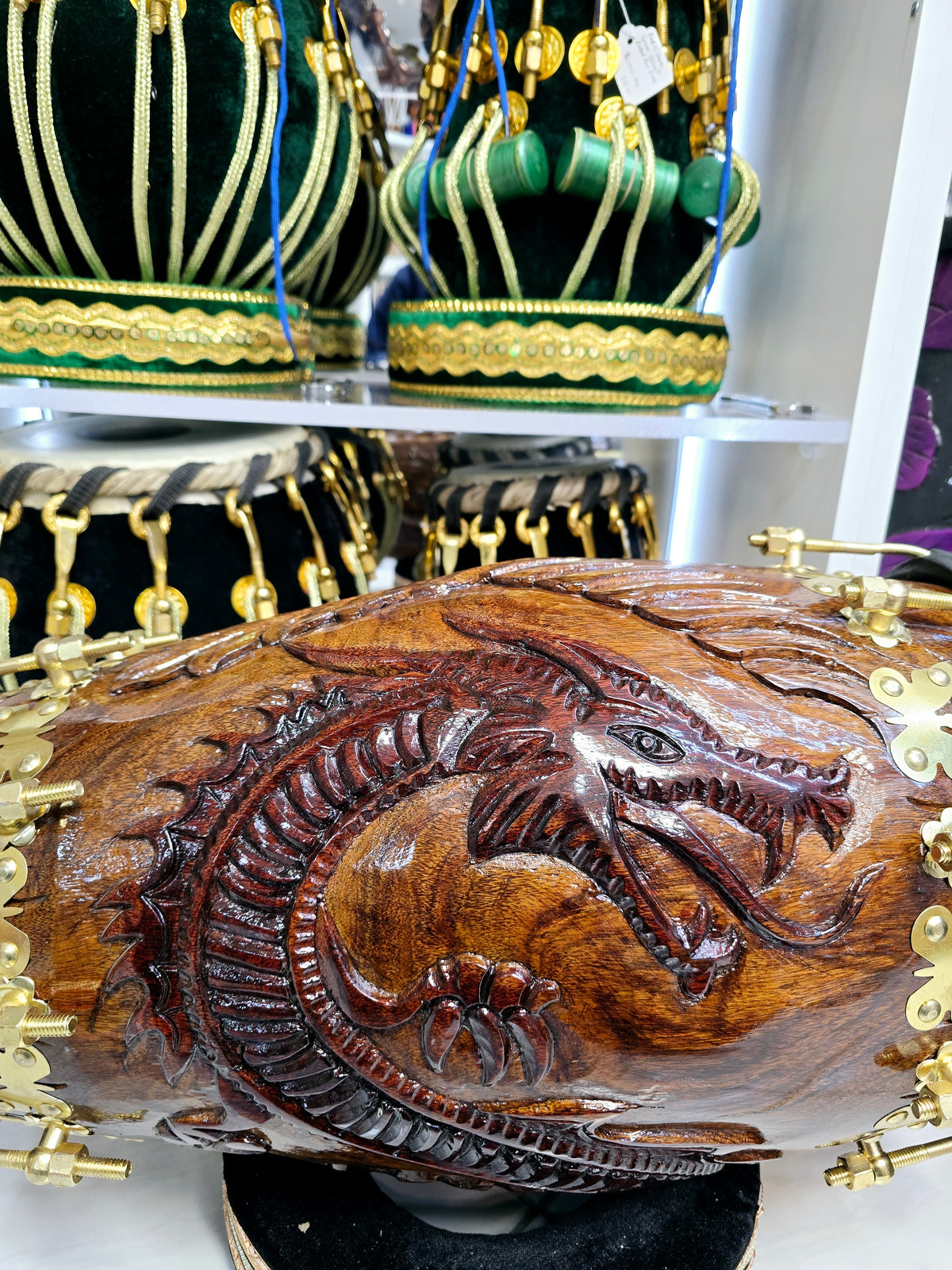 Fireborn Dragon Dholak: - Sangeet Store Exclusive by Chetram Gill, Red Sheesham & Gold Accents