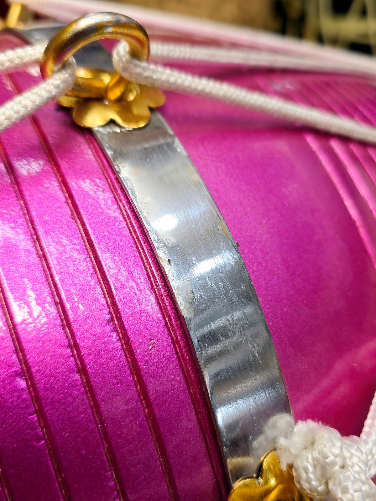 Radiant Rose West Indian Dholak – 20" Red Sheesham, Glossy Sparkling Magenta with White Ropes (Minor Defects)