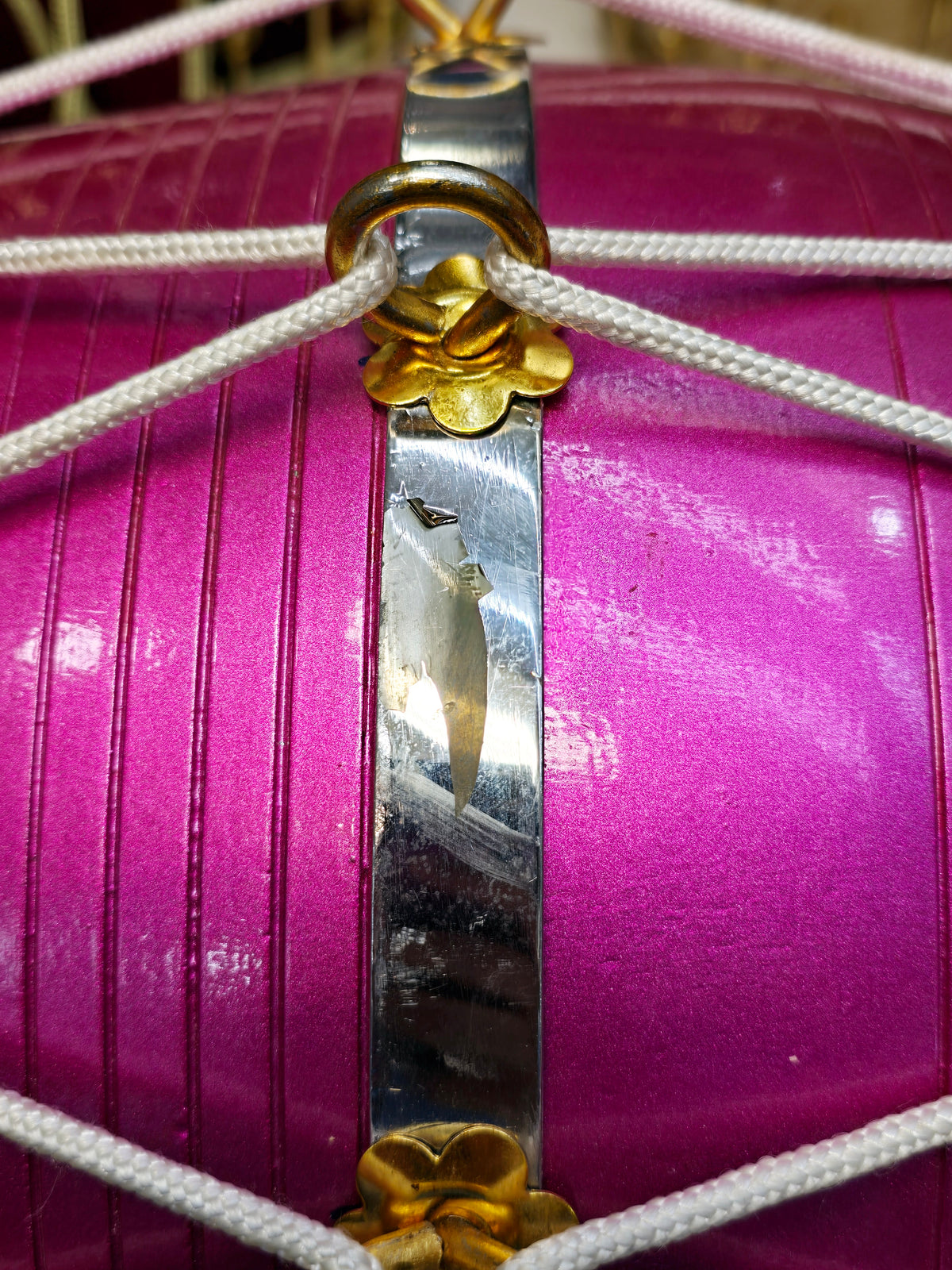 Radiant Rose West Indian Dholak – 20" Red Sheesham, Glossy Sparkling Magenta with White Ropes (Minor Defects)