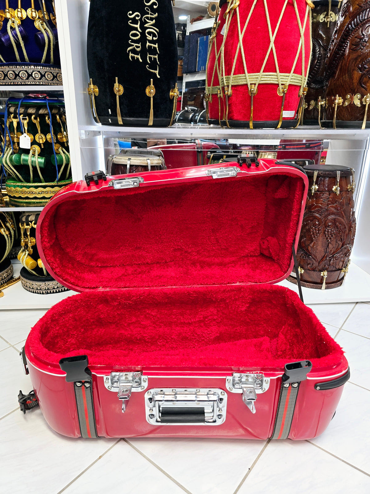 Crimson Fortress Standard Tabla Case – Dual Locks, Multi-Handle Design & Padded Red Interior *Minor Cosmetic Defects* - Sangeet Store
