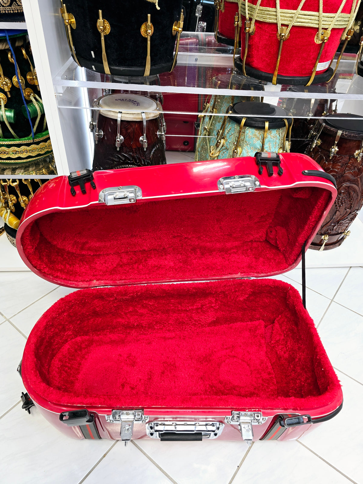 Crimson Fortress Standard Tabla Case – Dual Locks, Multi-Handle Design & Padded Red Interior *Minor Cosmetic Defects* - Sangeet Store