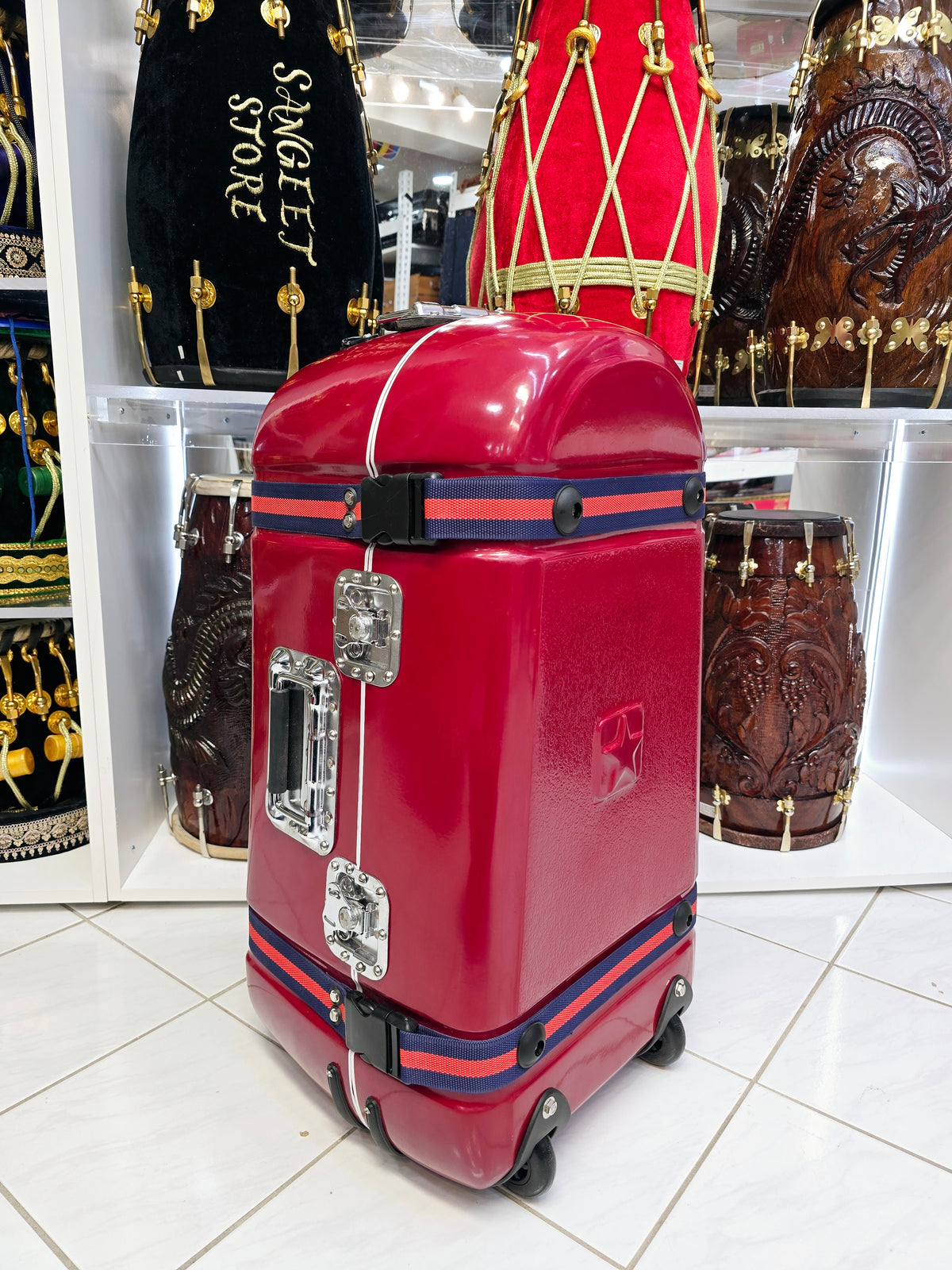 Maharaja Crimson Sentinel – Dual-Lock Standard Tabla Case with Luxe Interior & Reinforced Handles *Minor Cosmetic Defects* - Sangeet Store