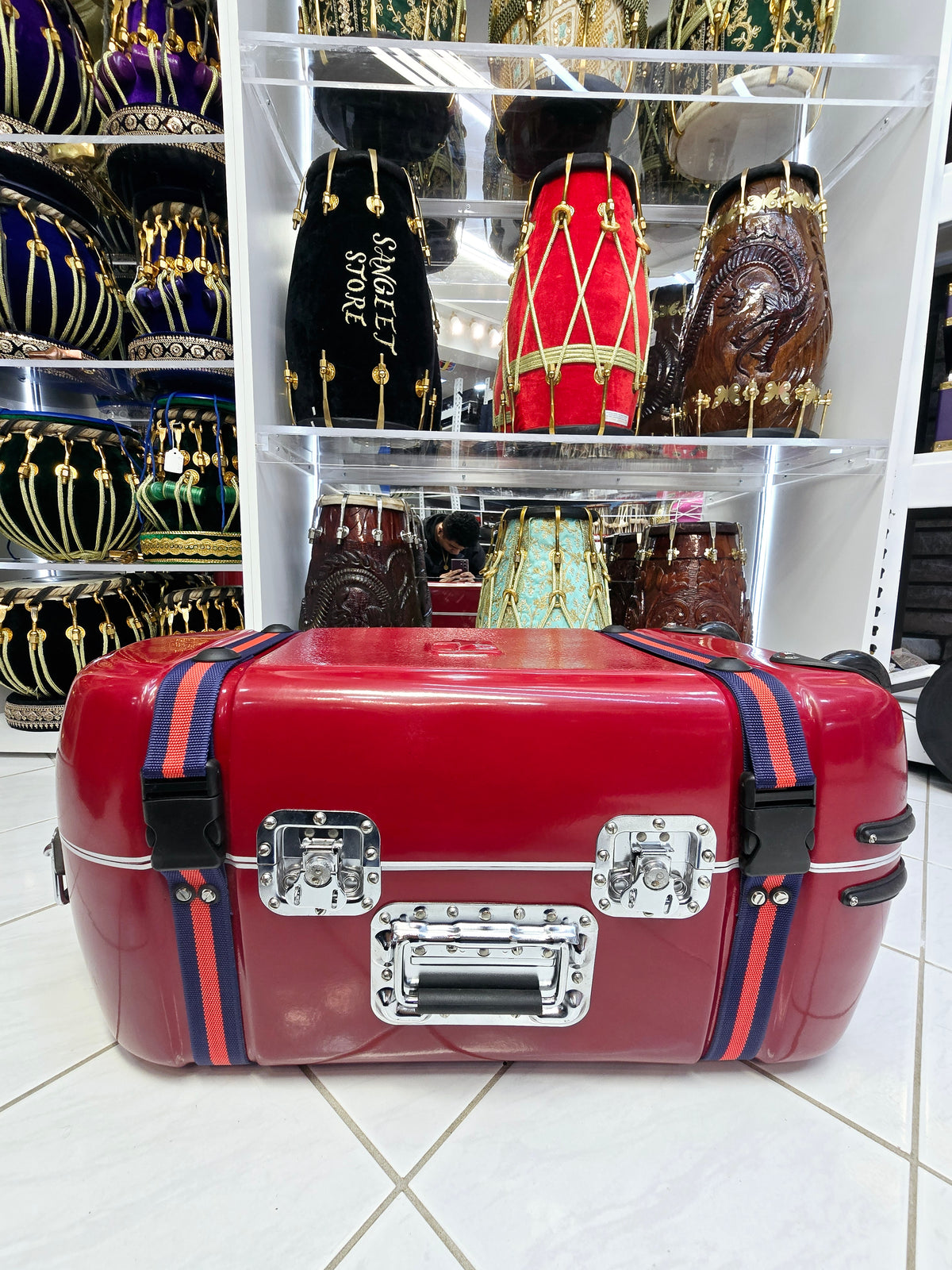 Maharaja Crimson Sentinel – Dual-Lock Standard Tabla Case with Luxe Interior & Reinforced Handles *Minor Cosmetic Defects* - Sangeet Store