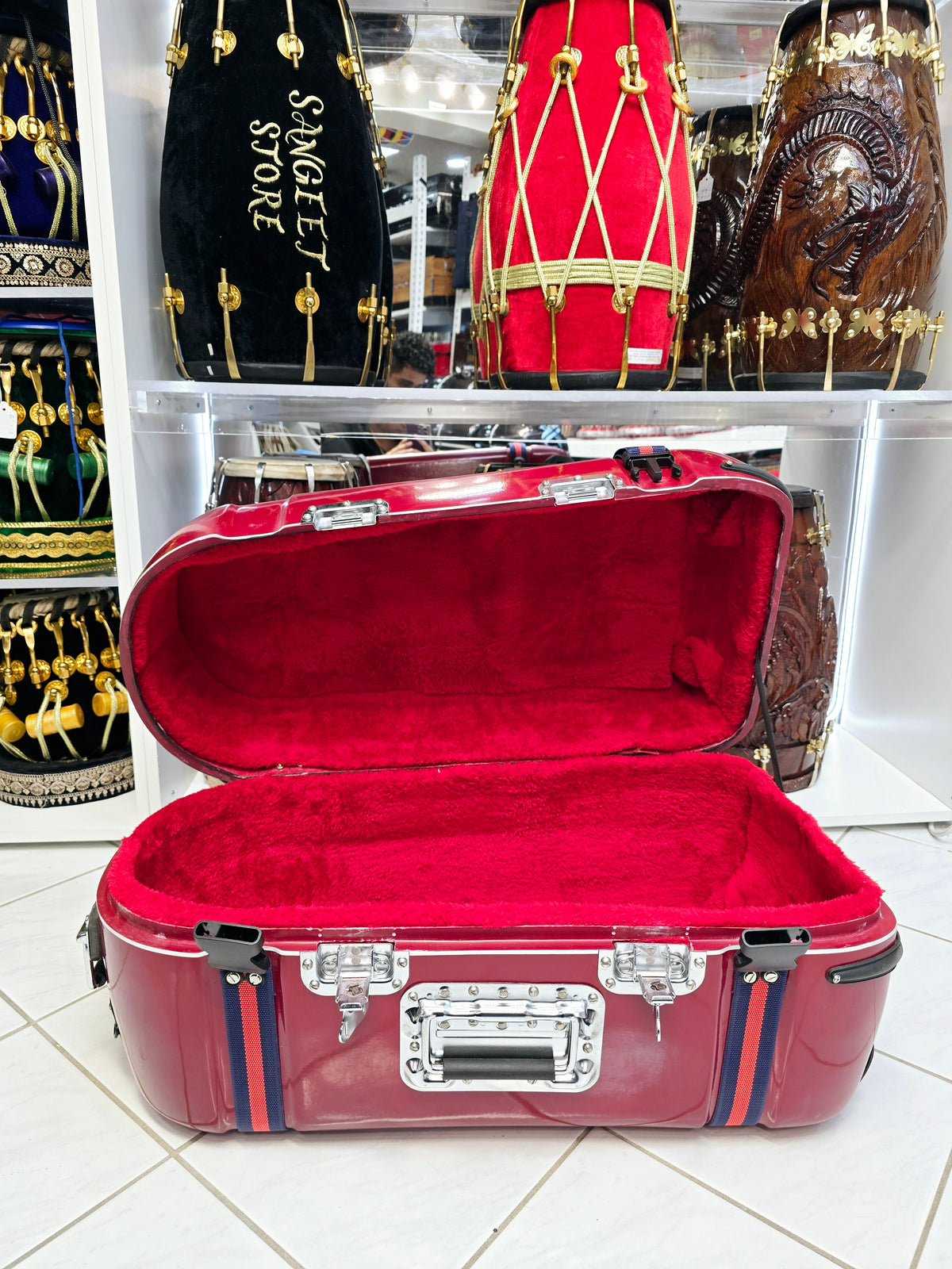 Maharaja Crimson Sentinel – Dual-Lock Standard Tabla Case with Luxe Interior & Reinforced Handles *Minor Cosmetic Defects* - Sangeet Store
