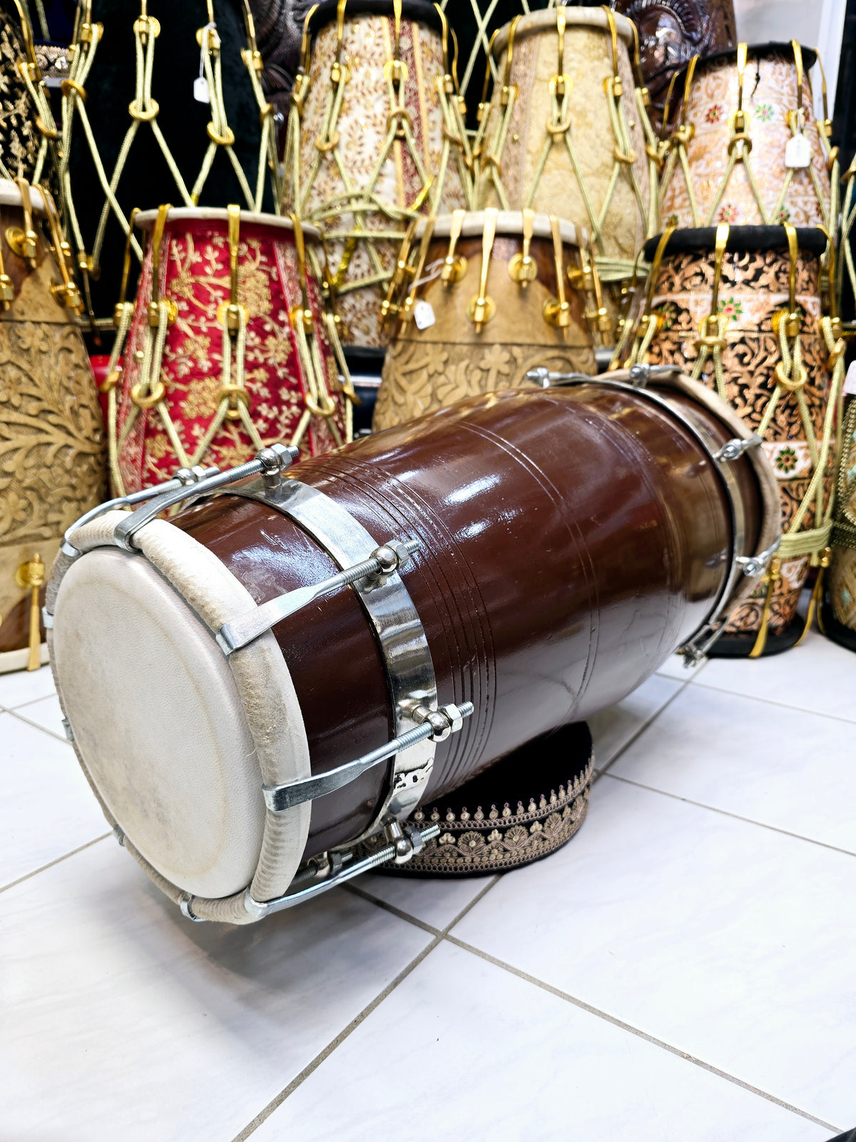 Sangeet Veda 14lbs Mango Wood West-Indian Toned Brown Bolted Dholak – Professional Quality *Minor Cosmetic Defects*