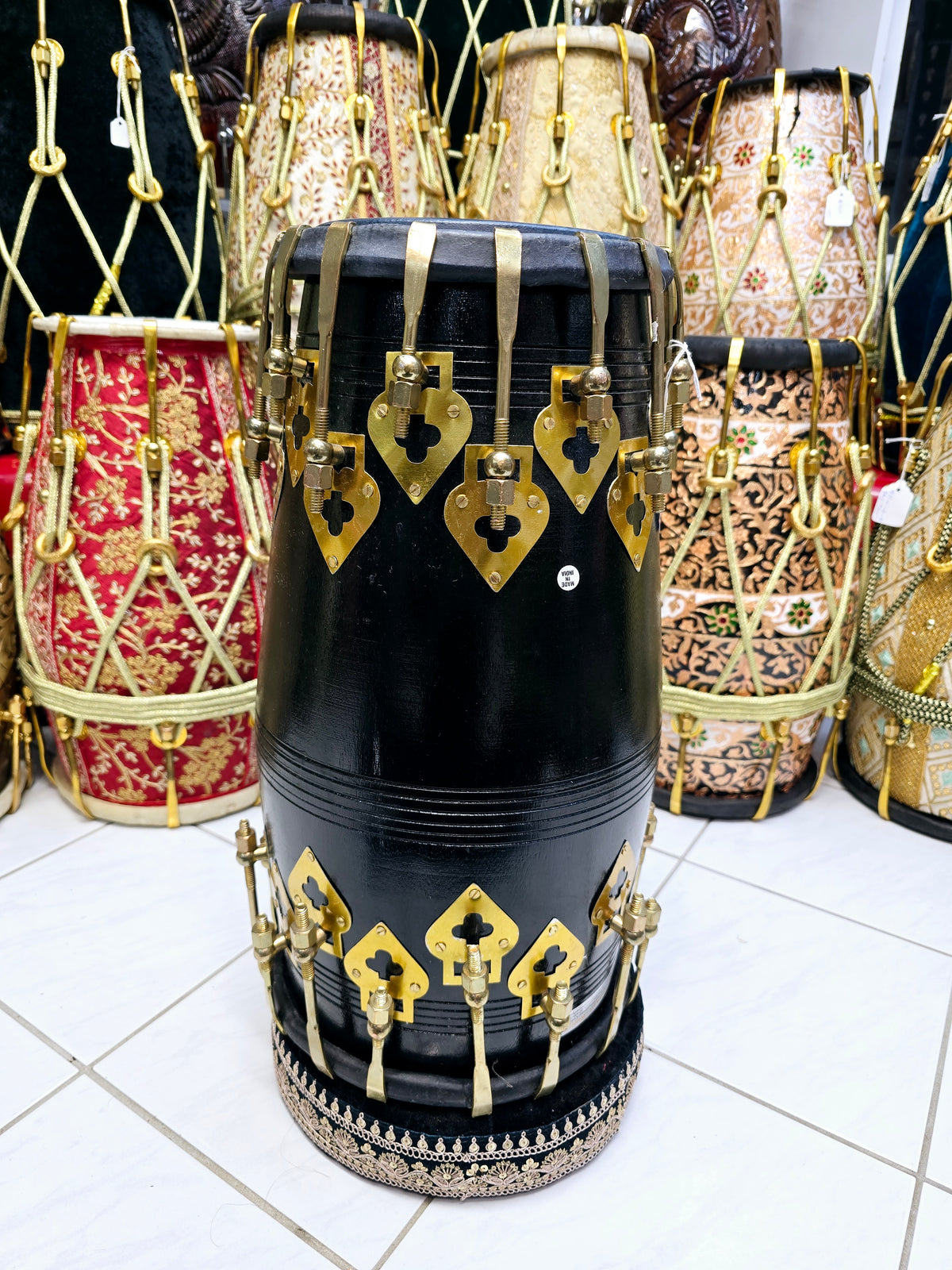 Raga Raj 14.2lbs Professional Red Sheesham Dholak – Black Painted, Golden Coated Accessories, Black Skins *Minor Cosmetic Defects