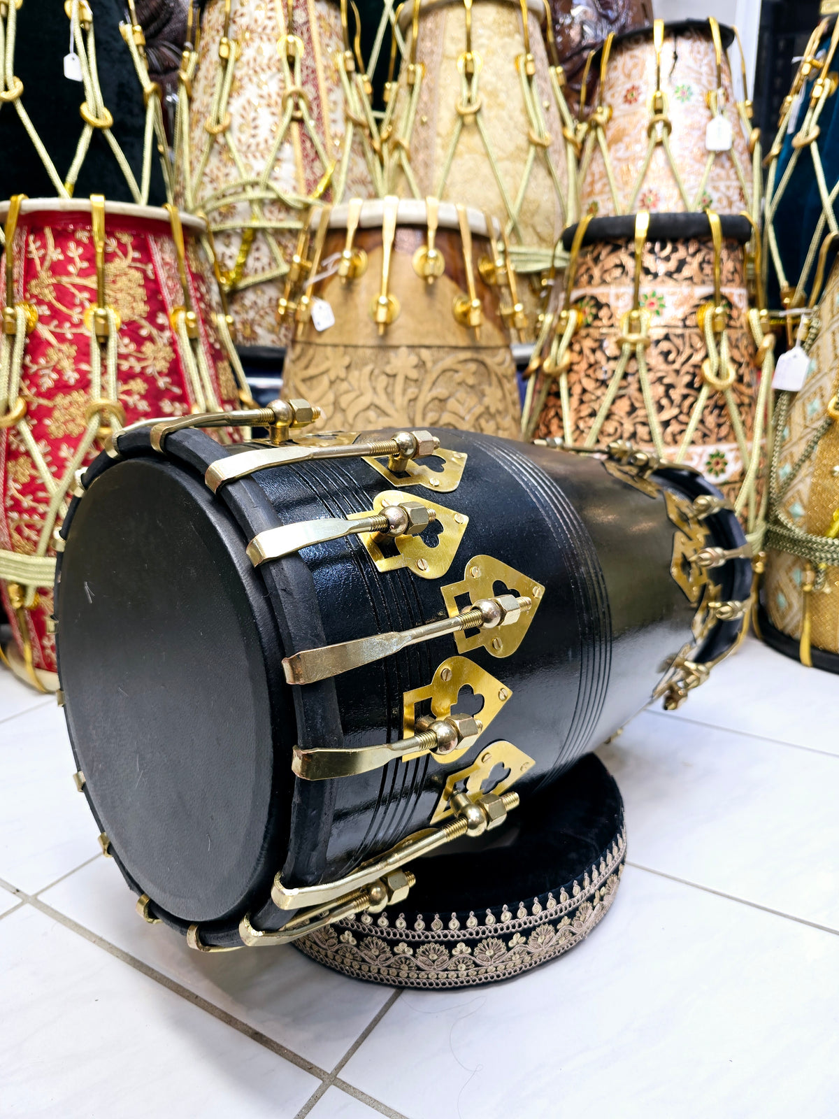 Raga Raj 14.2lbs Professional Red Sheesham Dholak – Black Painted, Golden Coated Accessories, Black Skins *Minor Cosmetic Defects