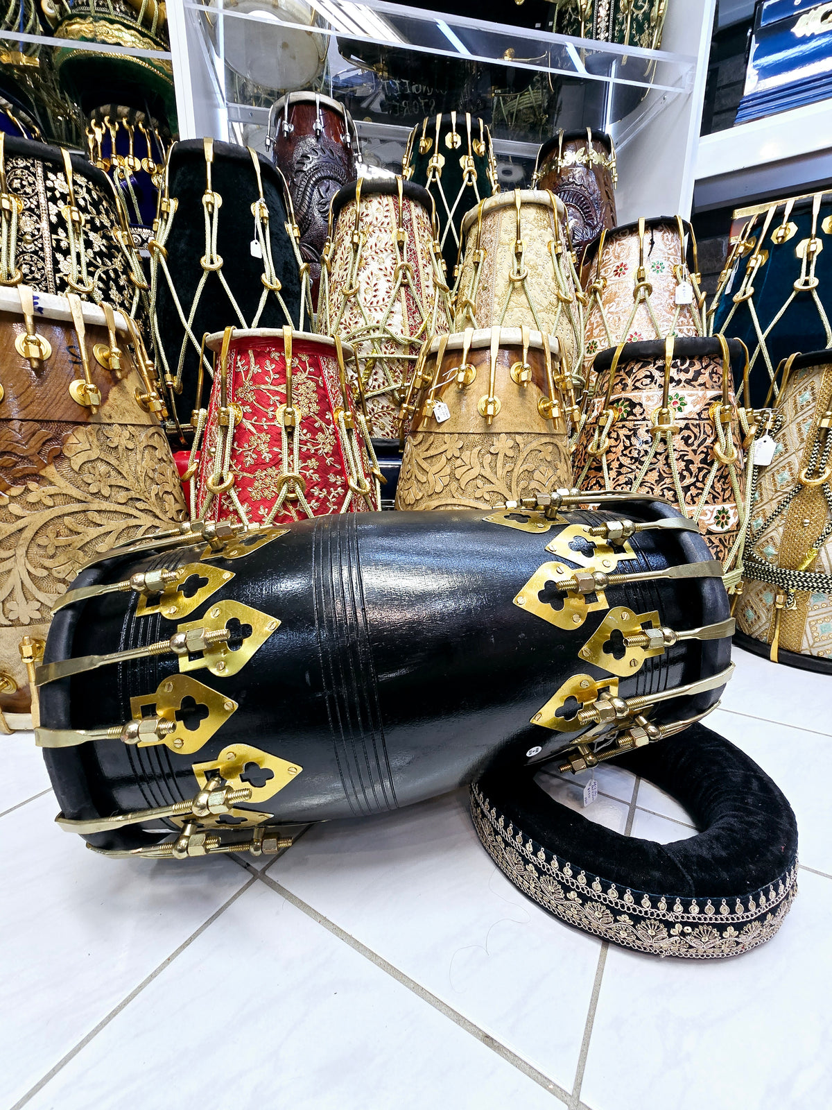 Raga Raj 14.2lbs Professional Red Sheesham Dholak – Black Painted, Golden Coated Accessories, Black Skins *Minor Cosmetic Defects