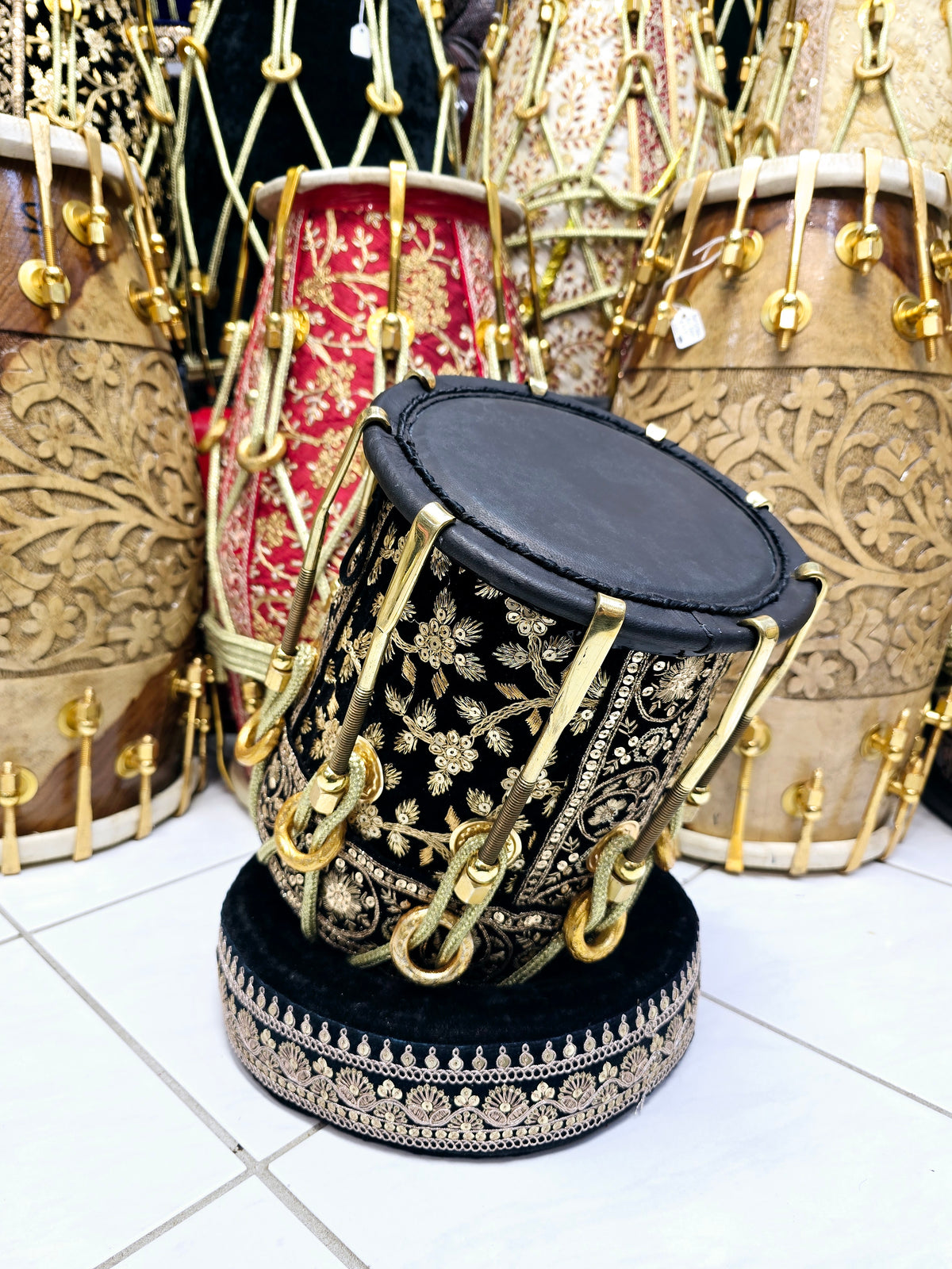 Royal Taal Black & Gold Sherwani Wrapped Red Sheesham Half Dholak – Pure Brass Bolts, Black Thin Rimmed Skin: Balance Link (Including Shipping + Tarrifs)