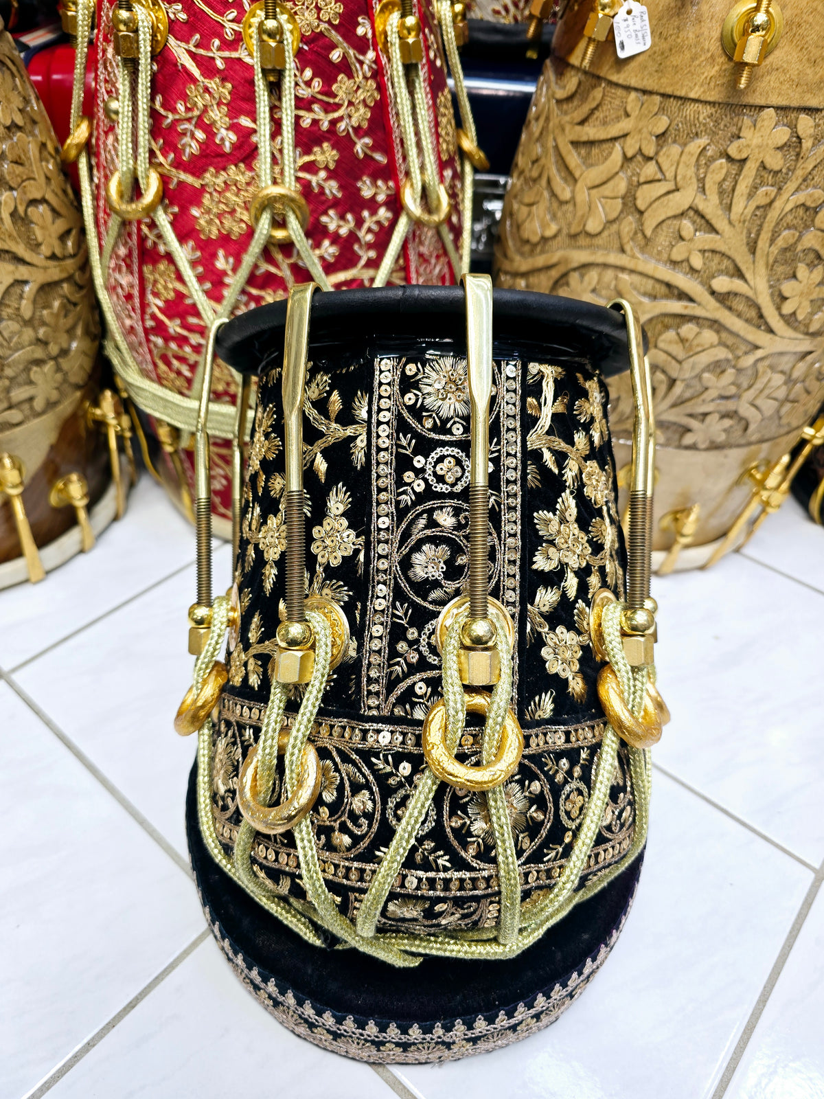 Royal Taal Black & Gold Sherwani Wrapped Red Sheesham Half Dholak – Pure Brass Bolts, Black Thin Rimmed Skin: Balance Link (Including Shipping + Tarrifs)