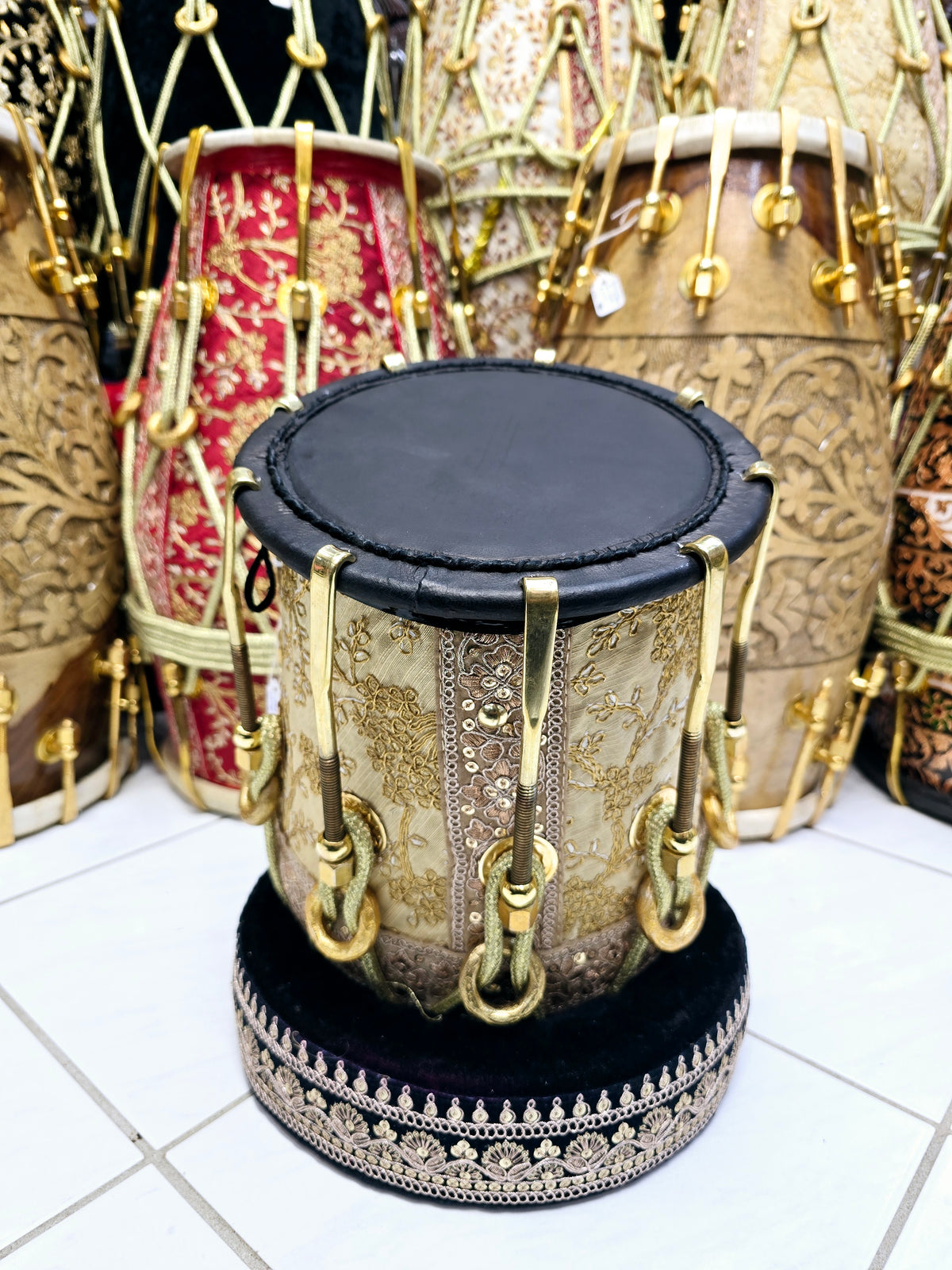 Sangeet Royale Gold & White Sherwani Wrapped Red Sheesham Half Dholak – Pure Brass Bolts, Black Thin Rimmed Skin