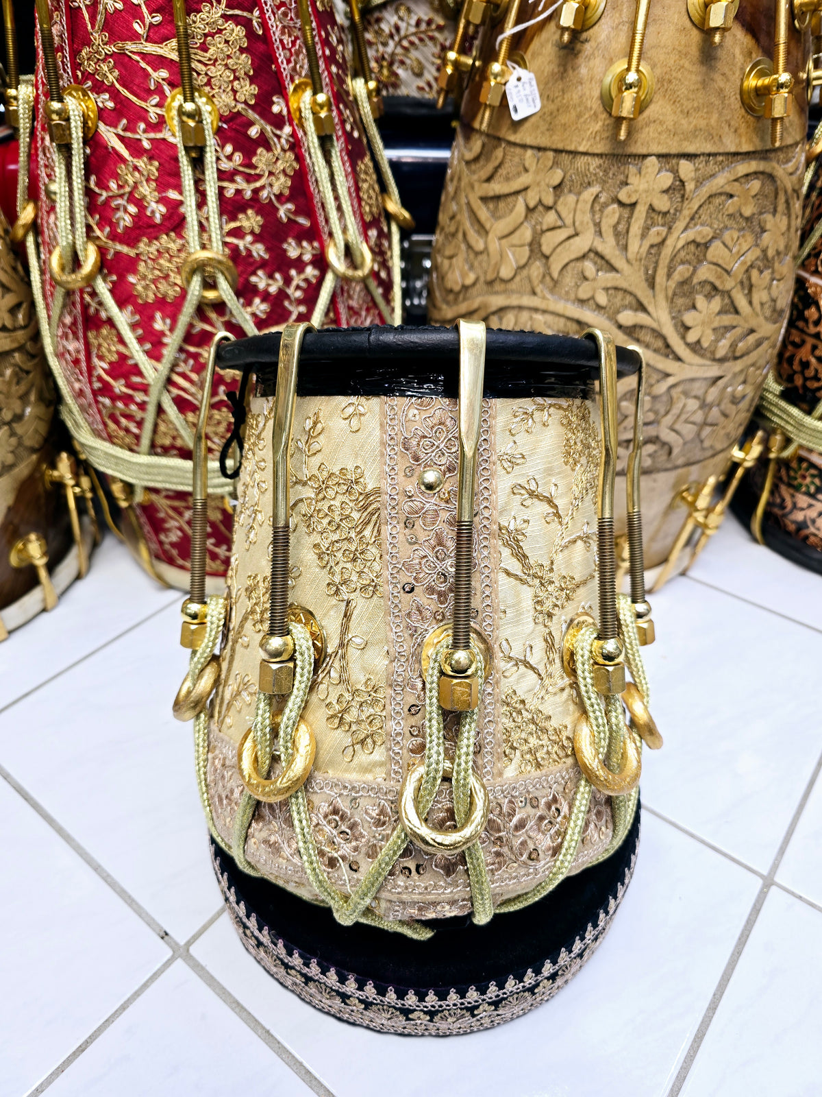 Sangeet Royale Gold & White Sherwani Wrapped Red Sheesham Half Dholak – Pure Brass Bolts, Black Thin Rimmed Skin