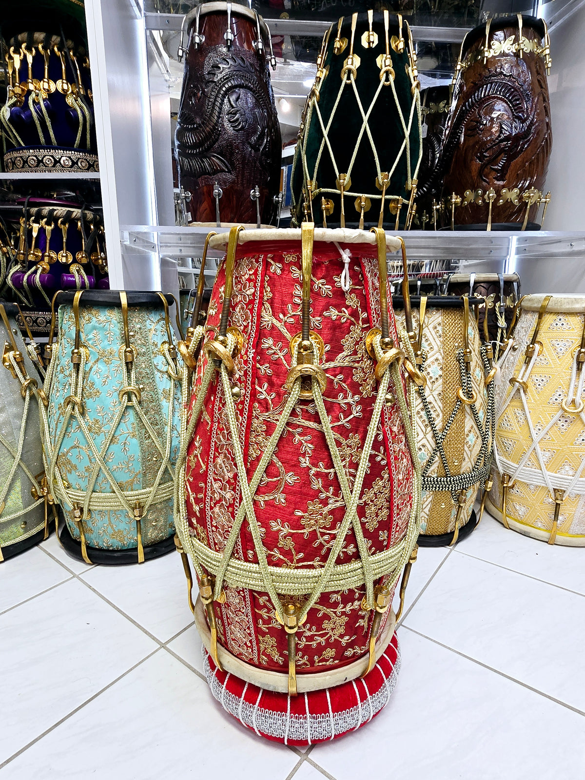 Swar Dholak – Red & Gold Sherwani Wrapped, Golden Brass Bolts (Buzzing Treble Skin & Minor Cosmetic Defects)