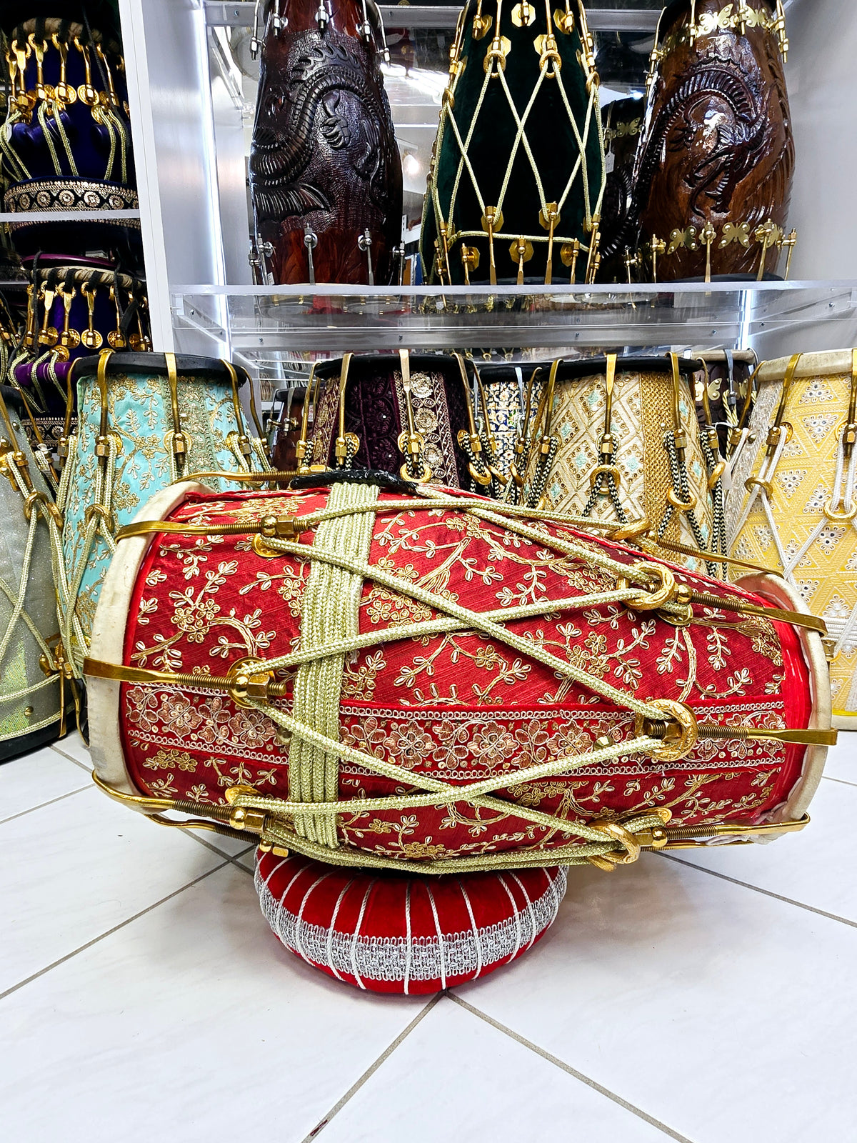 Swar Dholak – Red & Gold Sherwani Wrapped, Golden Brass Bolts (Buzzing Treble Skin & Minor Cosmetic Defects)