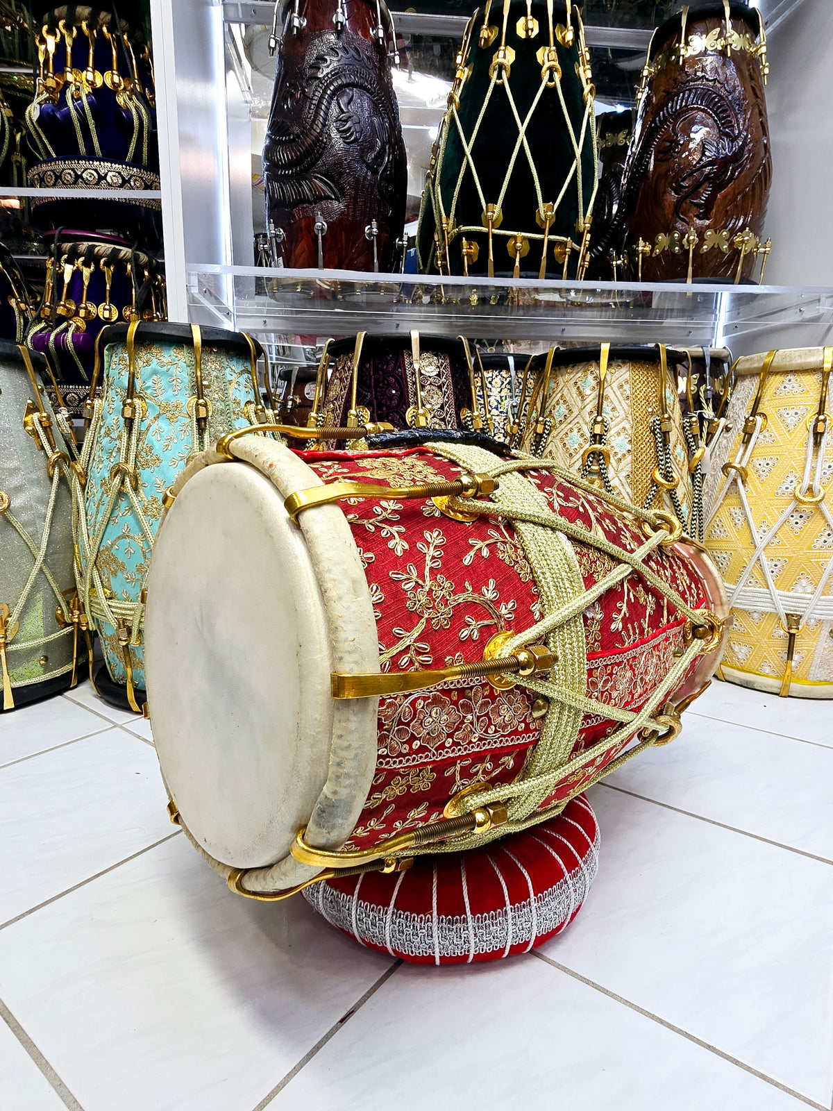 Swar Dholak – Red & Gold Sherwani Wrapped, Golden Brass Bolts (Buzzing Treble Skin & Minor Cosmetic Defects)