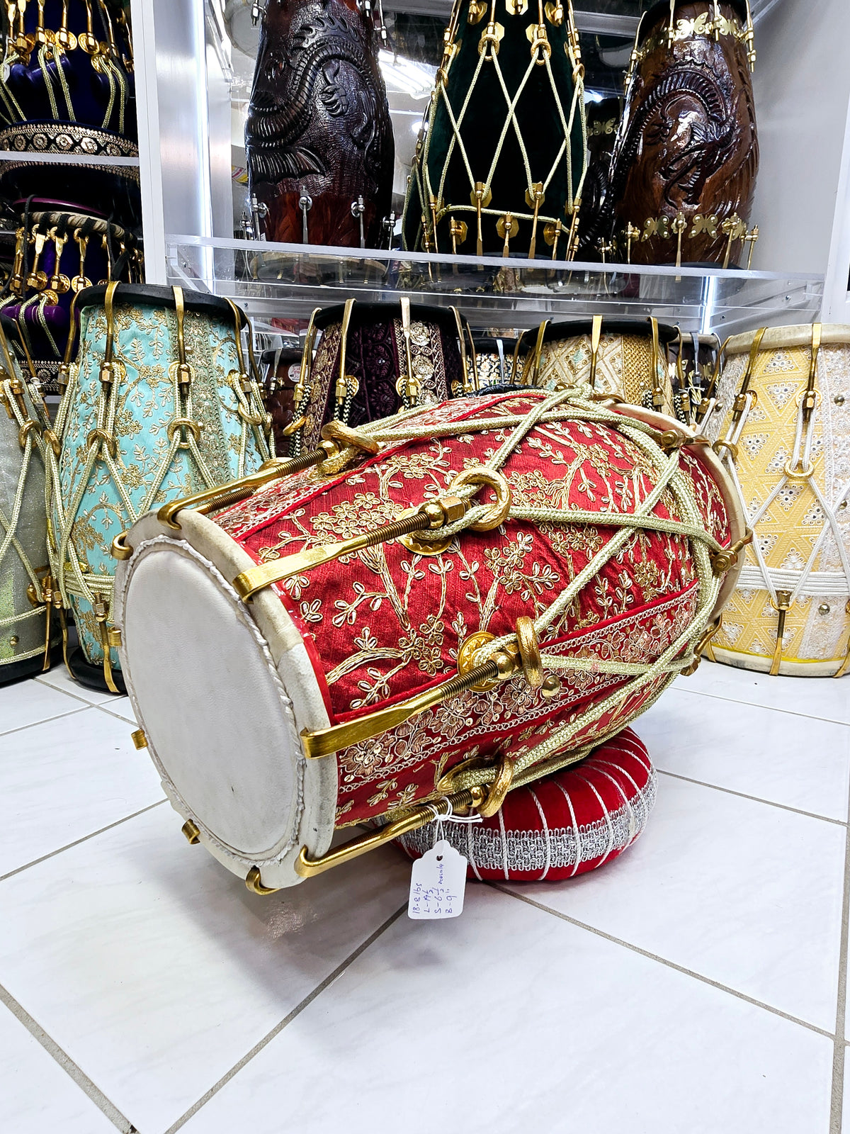 Swar Dholak – Red & Gold Sherwani Wrapped, Golden Brass Bolts (Buzzing Treble Skin & Minor Cosmetic Defects)