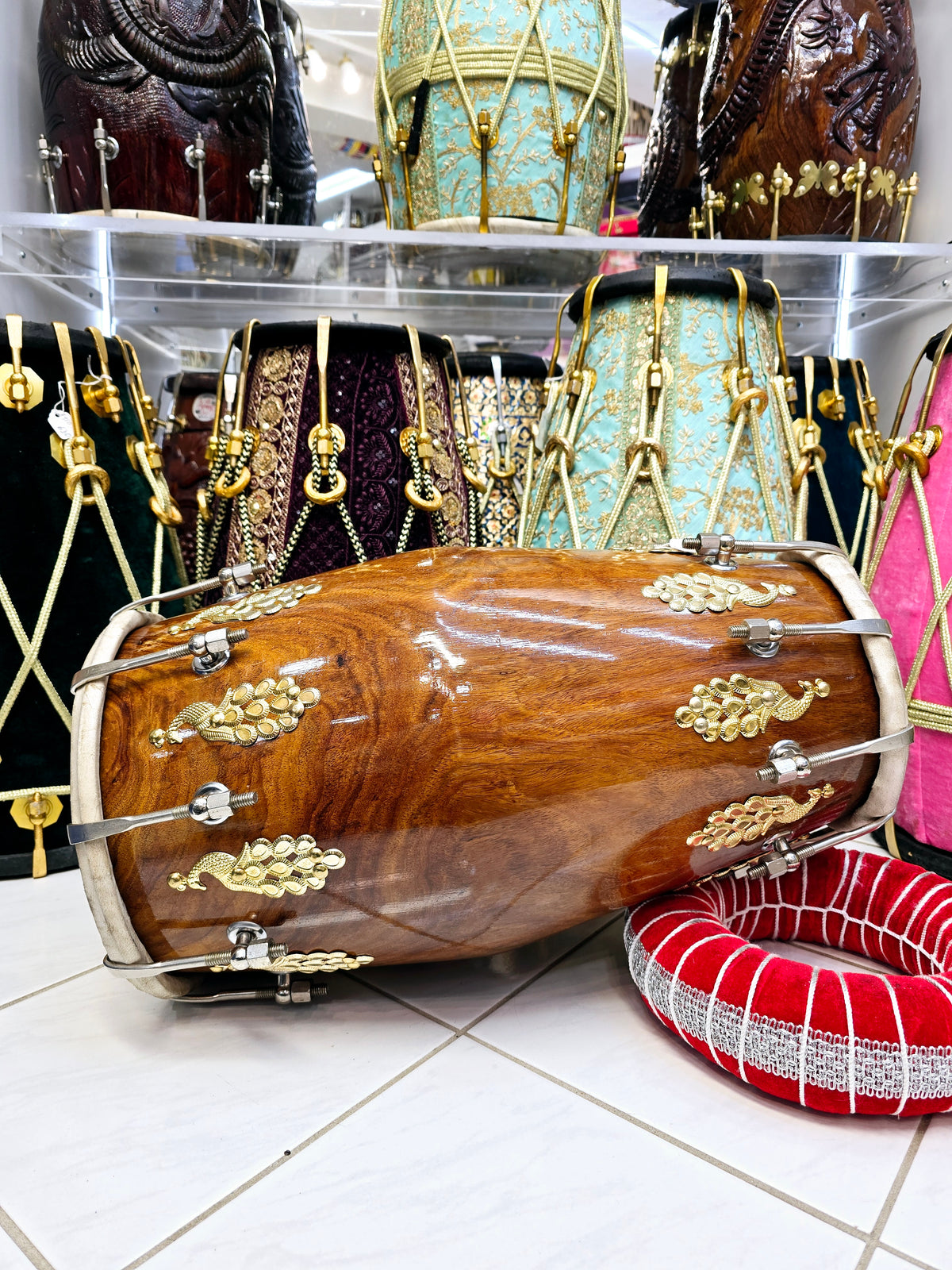 Mayurdhwani™ by Chetram Gill | Red Sheesham Dholak, 16 lbs with Gloss Finish, Golden Peacock Accent & Chrome Bolts