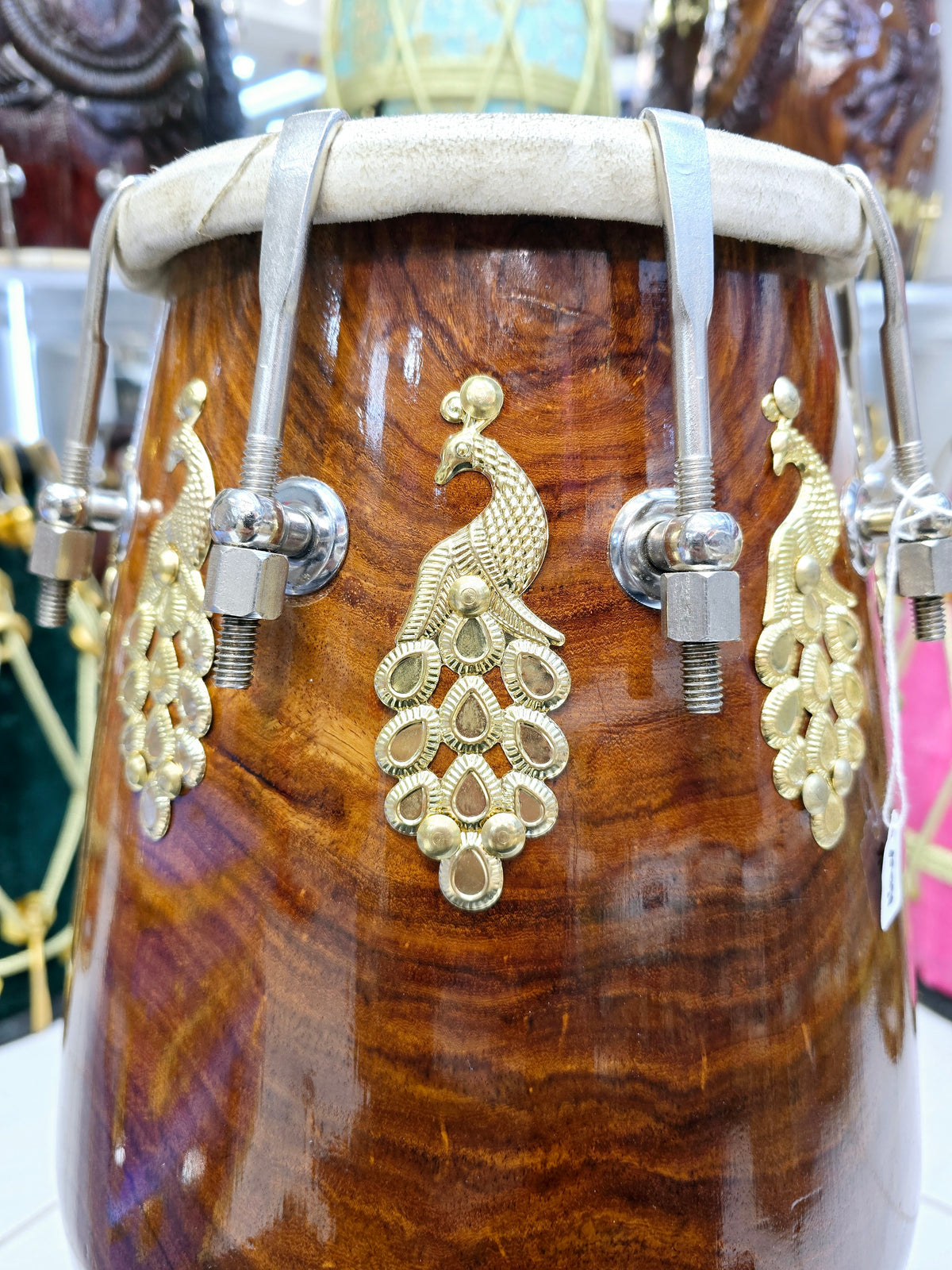 Mayurdhwani™ by Chetram Gill | Red Sheesham Dholak, 16 lbs with Gloss Finish, Golden Peacock Accent & Chrome Bolts