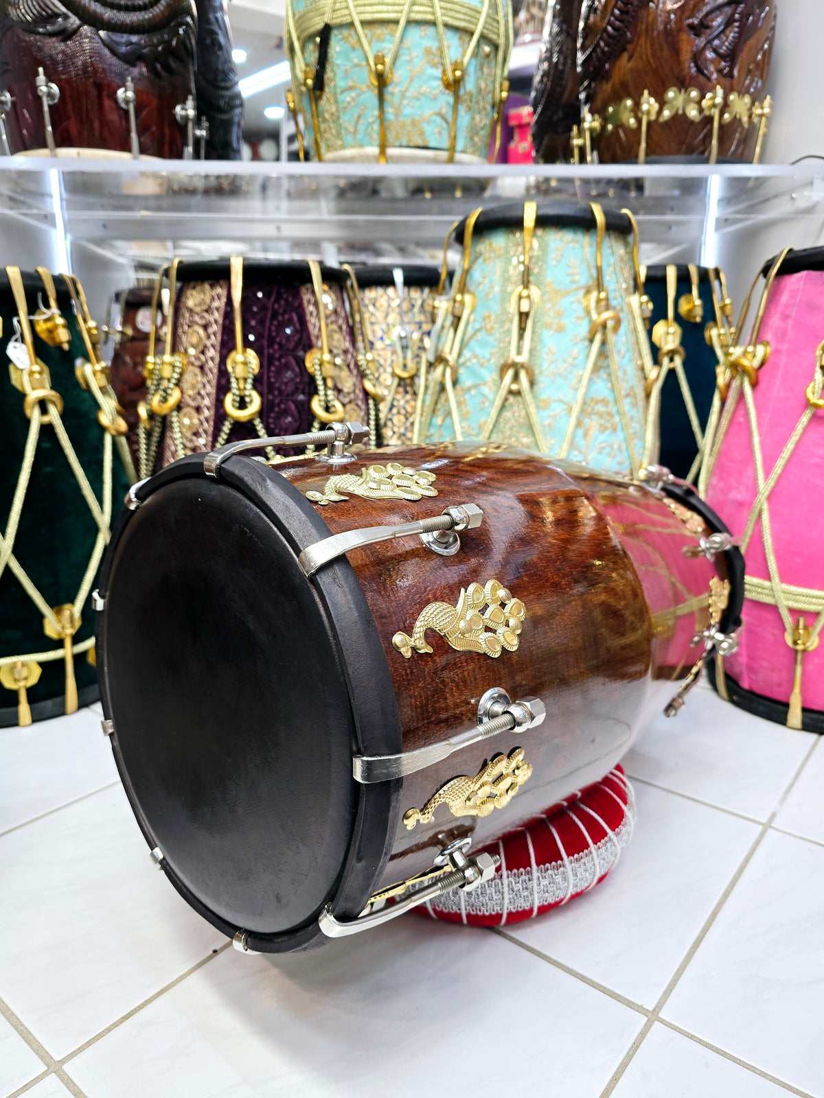 Custom Package Balance Link for Ashwien: Mayurdhwani Noir™ by Chetram Gill – Red Sheesham Dholak, 18 lbs with Black Skins, Golden Peacock Accent & Chrome Bolts + 2 Sets of Golden Bolts + 2 Replacement Skins + 3 Chetram Gill Skins