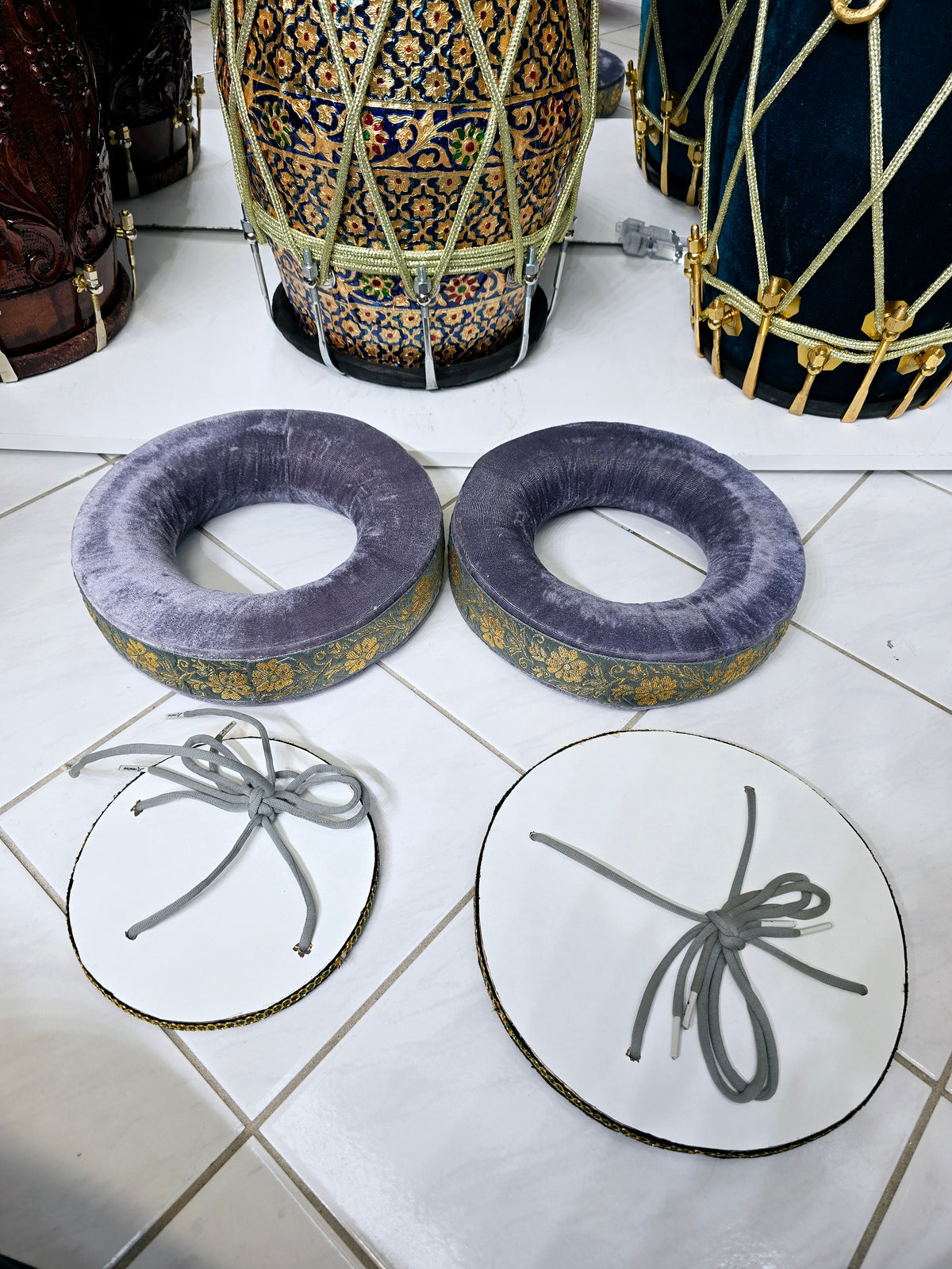 Ash Raag Tabla Ring Set – Grey-Gold Cushioned Bases + Black Top Covers *Minor Cosmetic Defects on Top Cover - Sangeet Store