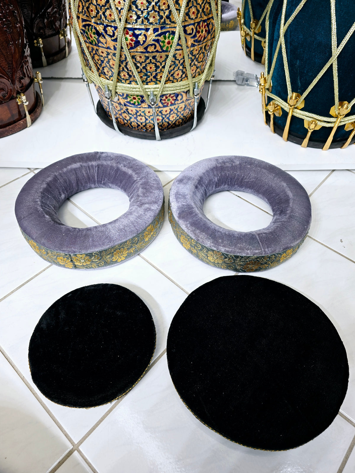 Ash Raag Tabla Ring Set – Grey-Gold Cushioned Bases + Black Top Covers *Minor Cosmetic Defects on Top Cover - Sangeet Store