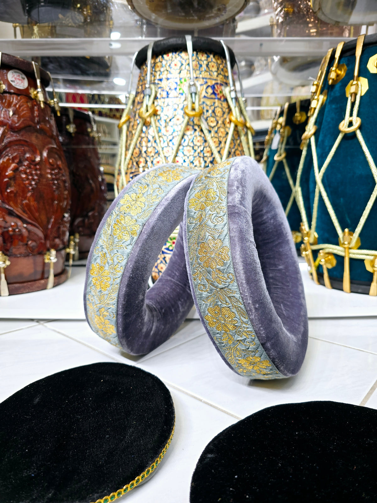 Ash Raag Tabla Ring Set – Grey-Gold Cushioned Bases + Black Top Covers *Minor Cosmetic Defects on Top Cover - Sangeet Store
