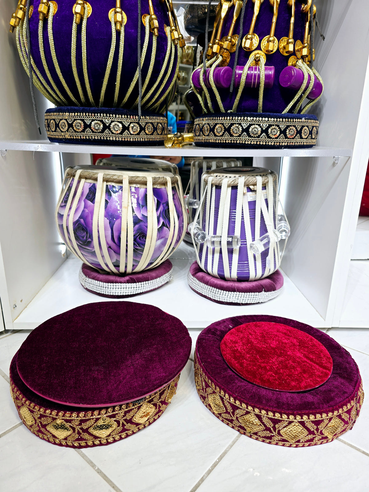 AmritRaga Tabla Ring Set – Burgundy Cushioned Bases with Golden Motif Trim + Dual-Tone Top Covers - Sangeet Store