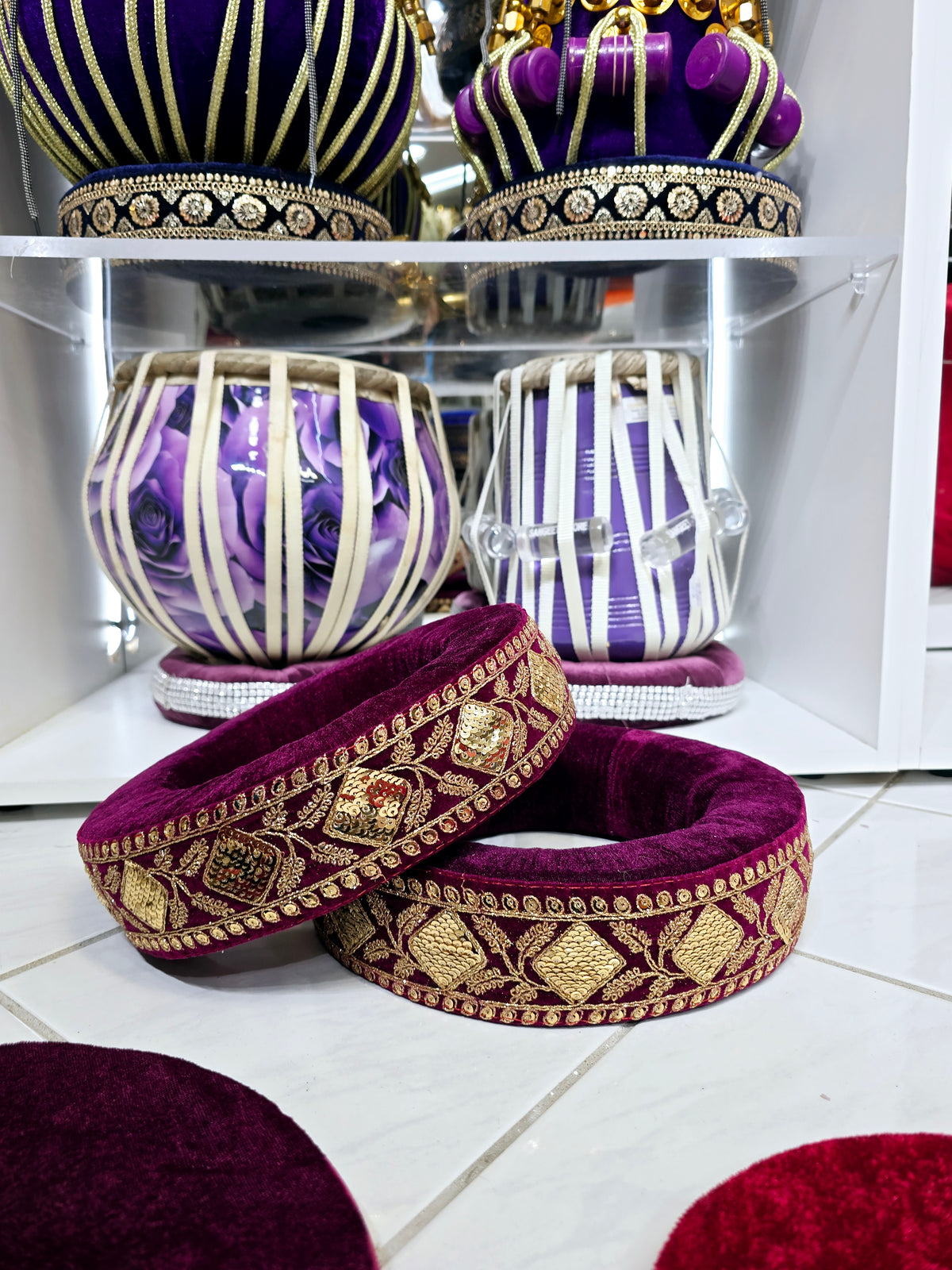 AmritRaga Tabla Ring Set – Burgundy Cushioned Bases with Golden Motif Trim + Dual-Tone Top Covers - Sangeet Store