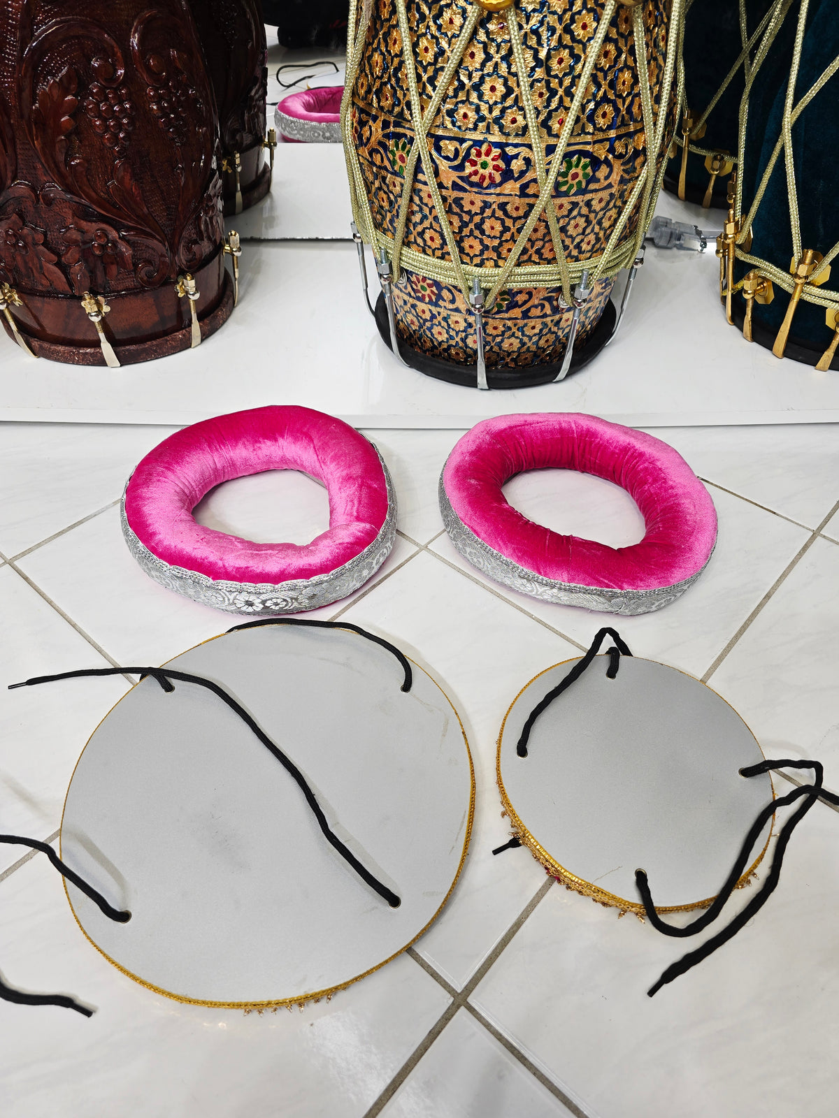 Gulabi Grace – Pink Velvet Tabla Ring & Floral Cover Set with Silver Trim *Minor Cosmetic Defects - Sangeet Store
