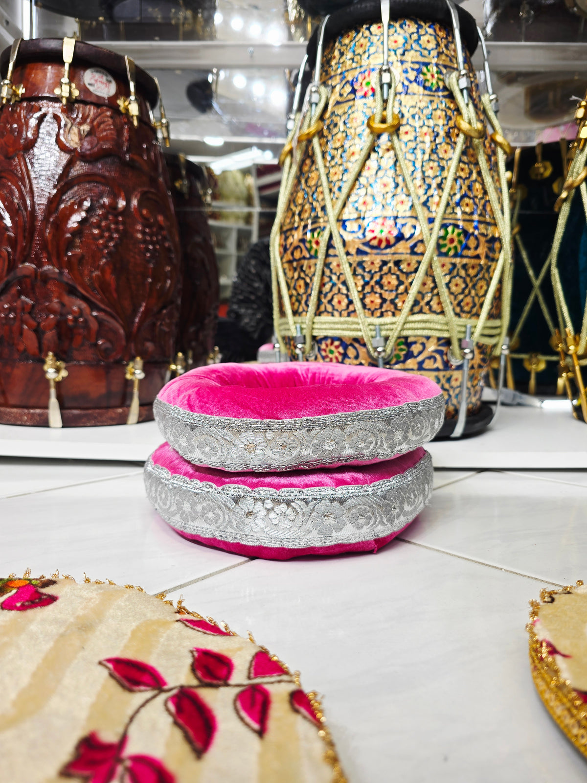 Gulabi Grace – Pink Velvet Tabla Ring & Floral Cover Set with Silver Trim *Minor Cosmetic Defects - Sangeet Store