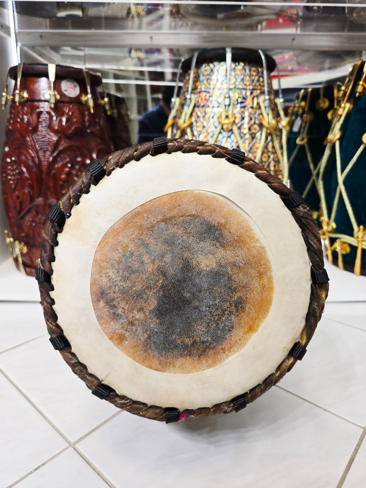 Bass Veda – Encarved Red Sheesham Dhamma (15.5" Height, 8.5" Top, 10lbs, Black Nylon Straps)