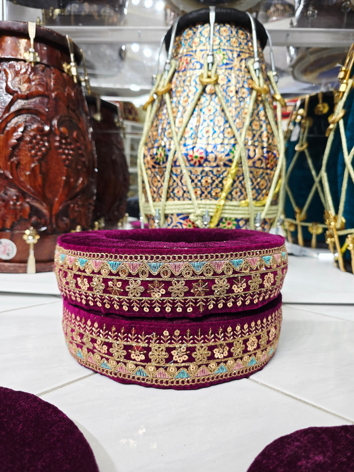 AmritRaga – Maroon Velvet Tabla Ring & Cover Set with Multicolor Embroidery - Sangeet Store