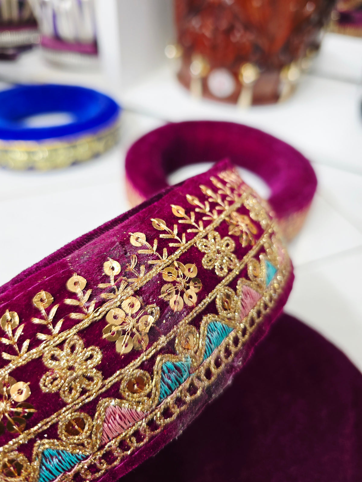 AmritRaga – Maroon Velvet Tabla Ring & Cover Set with Multicolor Embroidery - Sangeet Store