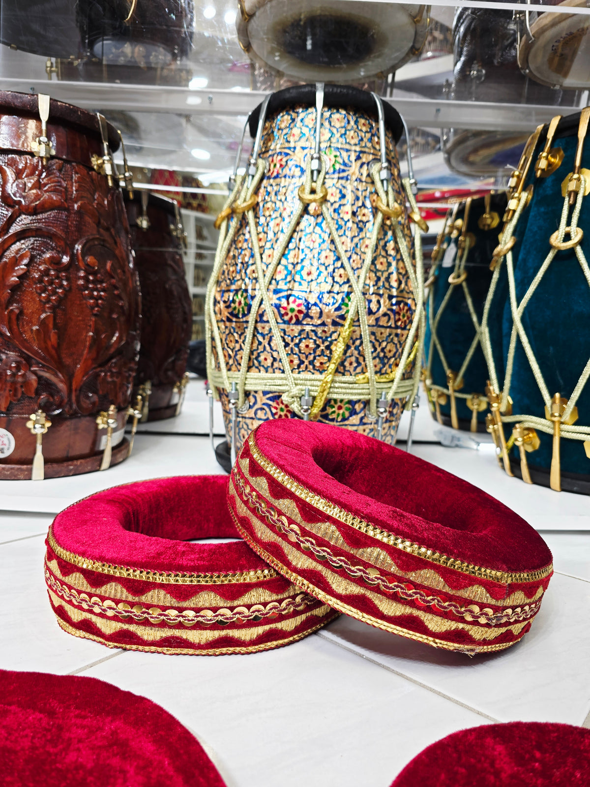 SurLalima – Crimson Red Tabla Ring & Cover Set with Gold Vine Embroidery - Sangeet Store