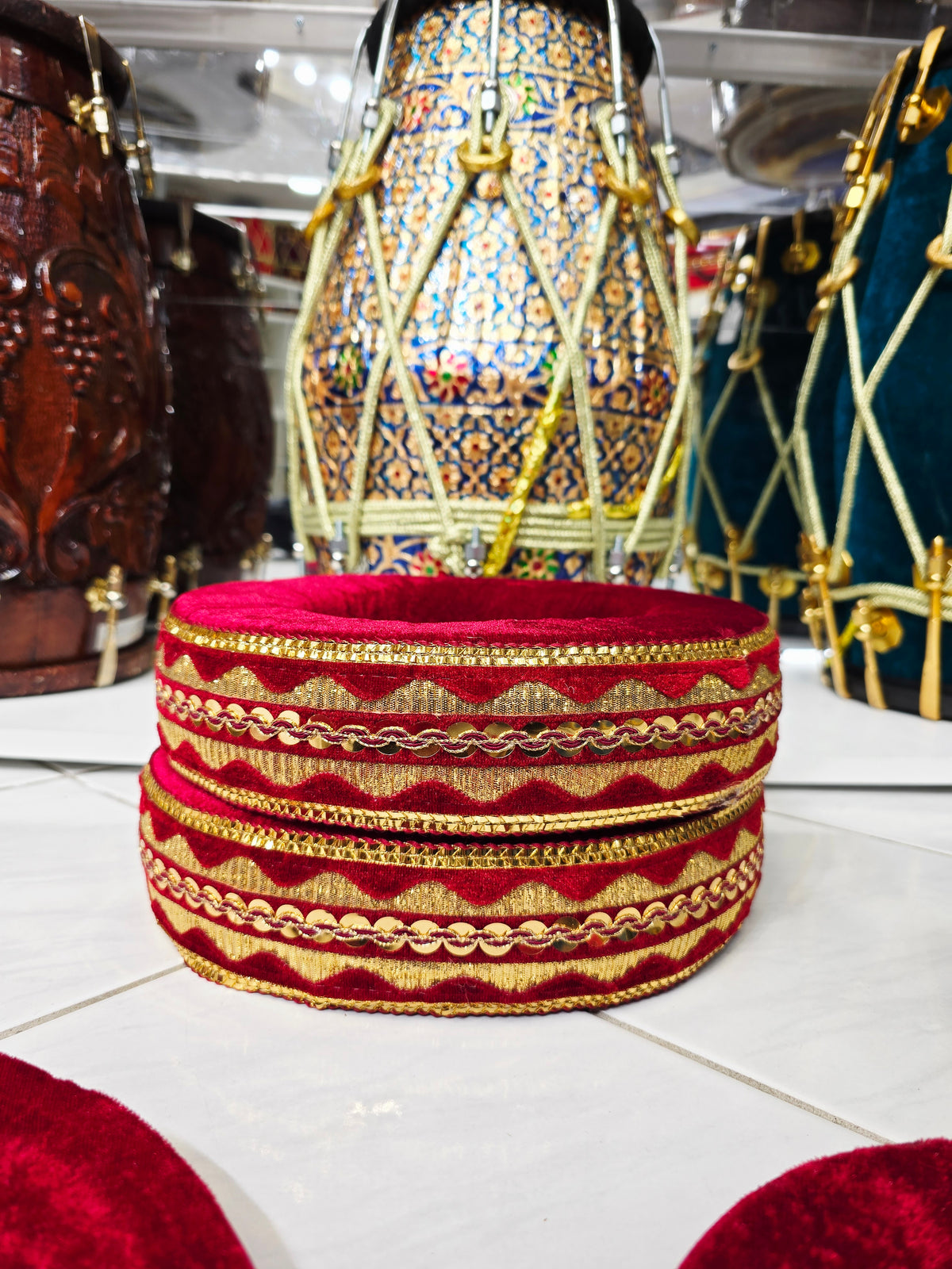 SurLalima – Crimson Red Tabla Ring & Cover Set with Gold Vine Embroidery - Sangeet Store