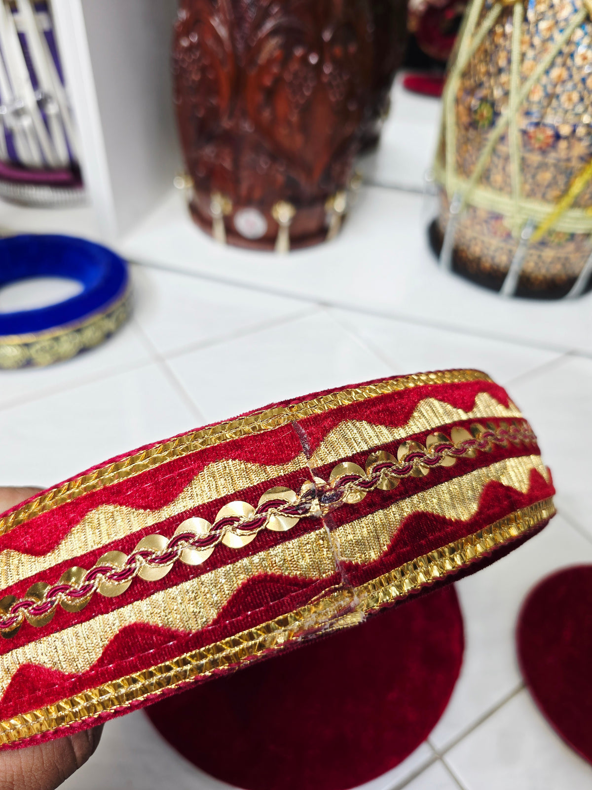 SurLalima – Crimson Red Tabla Ring & Cover Set with Gold Vine Embroidery - Sangeet Store
