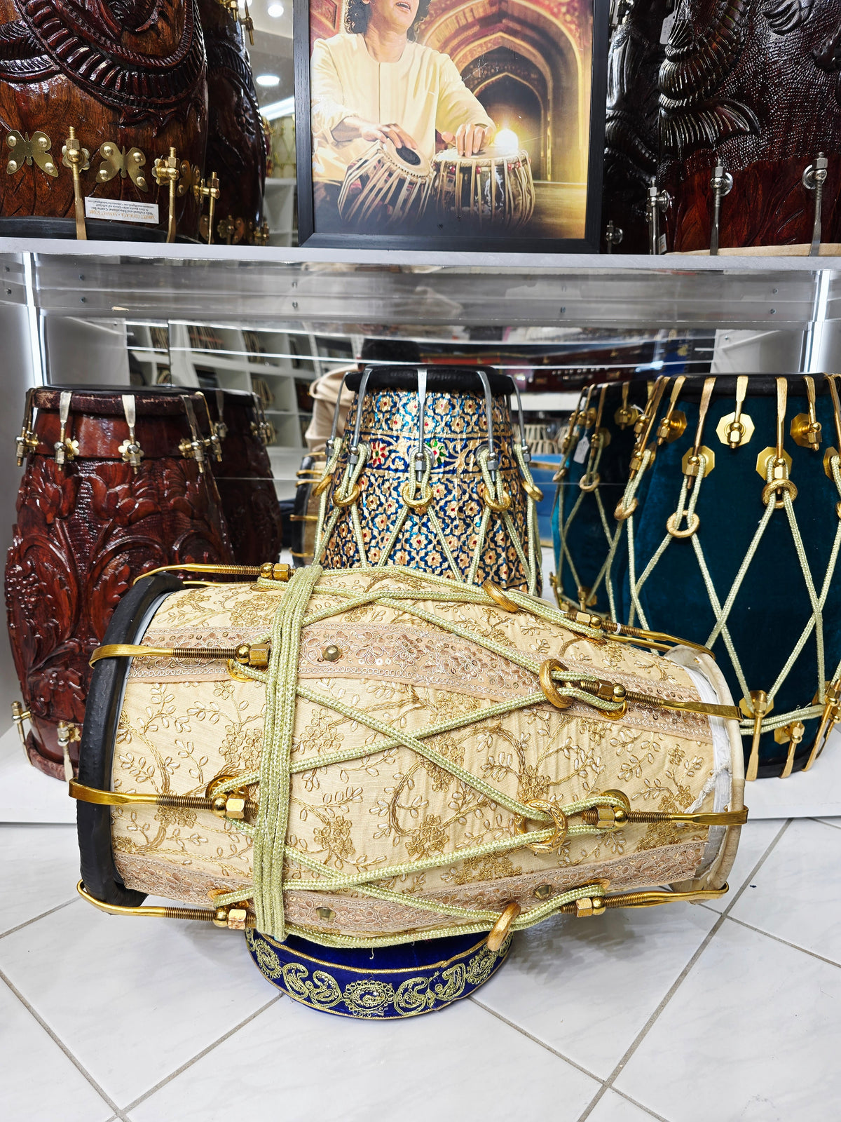 Noor Taal – Cream Embroidered Dholak with Black Bass & Treble Skin Contrast: 50% Deposit Link - Sangeet Store