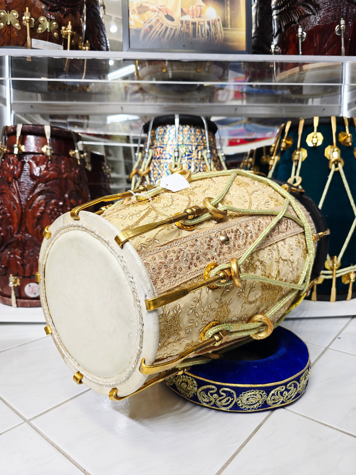 Noor Taal – Cream Embroidered Dholak with Black Bass & Treble Skin Contrast: 50% Deposit Link - Sangeet Store