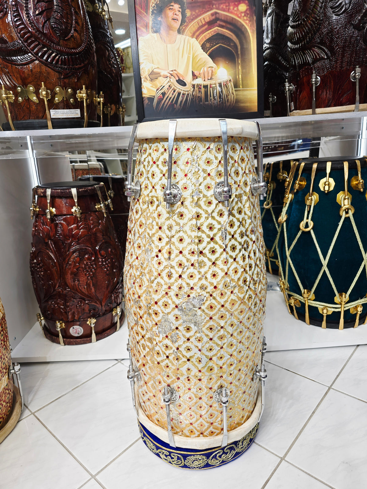 ZarEcho – Designer-Wrapped Cream Mango Wood Dholak (Heavily Chipped Wrap, Very Delicate) - Sangeet Store