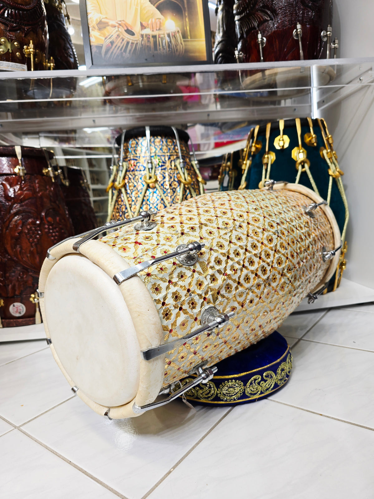 ZarEcho – Designer-Wrapped Cream Mango Wood Dholak (Heavily Chipped Wrap, Very Delicate) - Sangeet Store