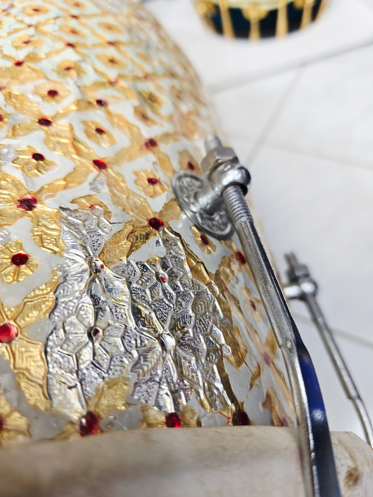 ZarEcho – Designer-Wrapped Cream Mango Wood Dholak (Heavily Chipped Wrap, Very Delicate) - Sangeet Store