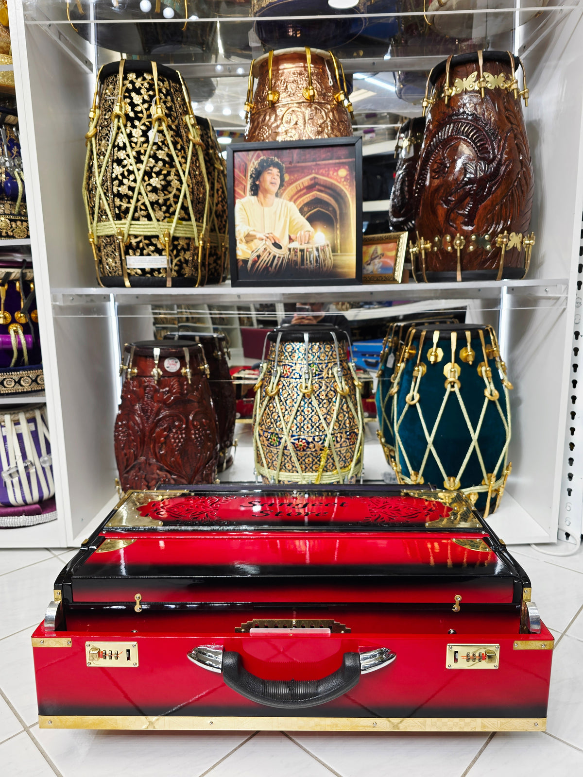 Maharaaj Flame – 3-Reed BMF 9-Scale Changer Harmonium Red & Black Blended Body with Pink Marble Keys *Minor Cosmetic Defects